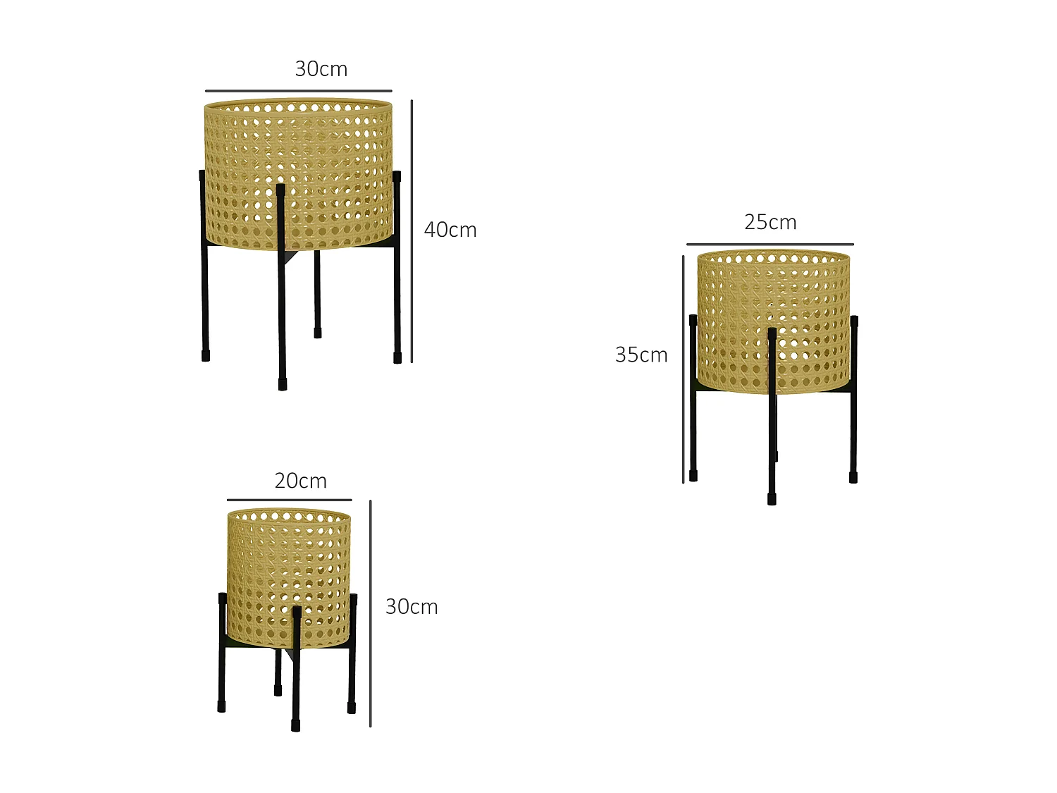 3er-Set goldene Pflanzenständer aus Metall, Rattan-Design, für den Innen- und Außenbereich (30x30x40 cm)