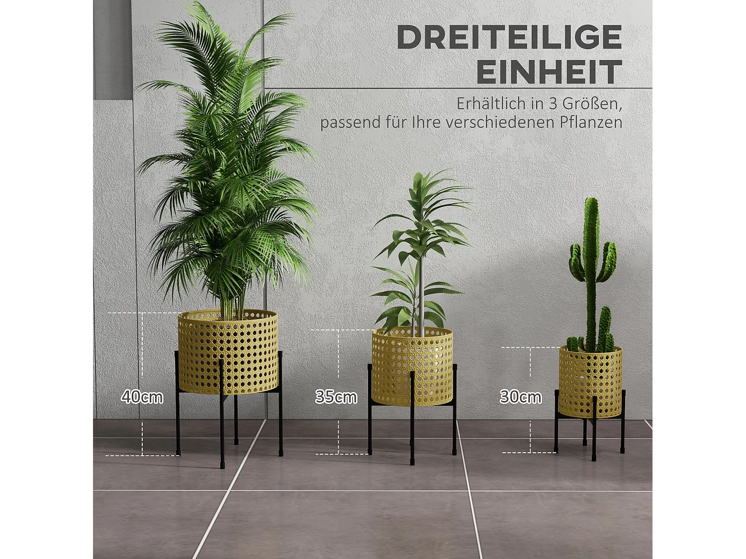 3er-Set goldene Pflanzenständer aus Metall, Rattan-Design, für den Innen- und Außenbereich (30x30x40 cm)