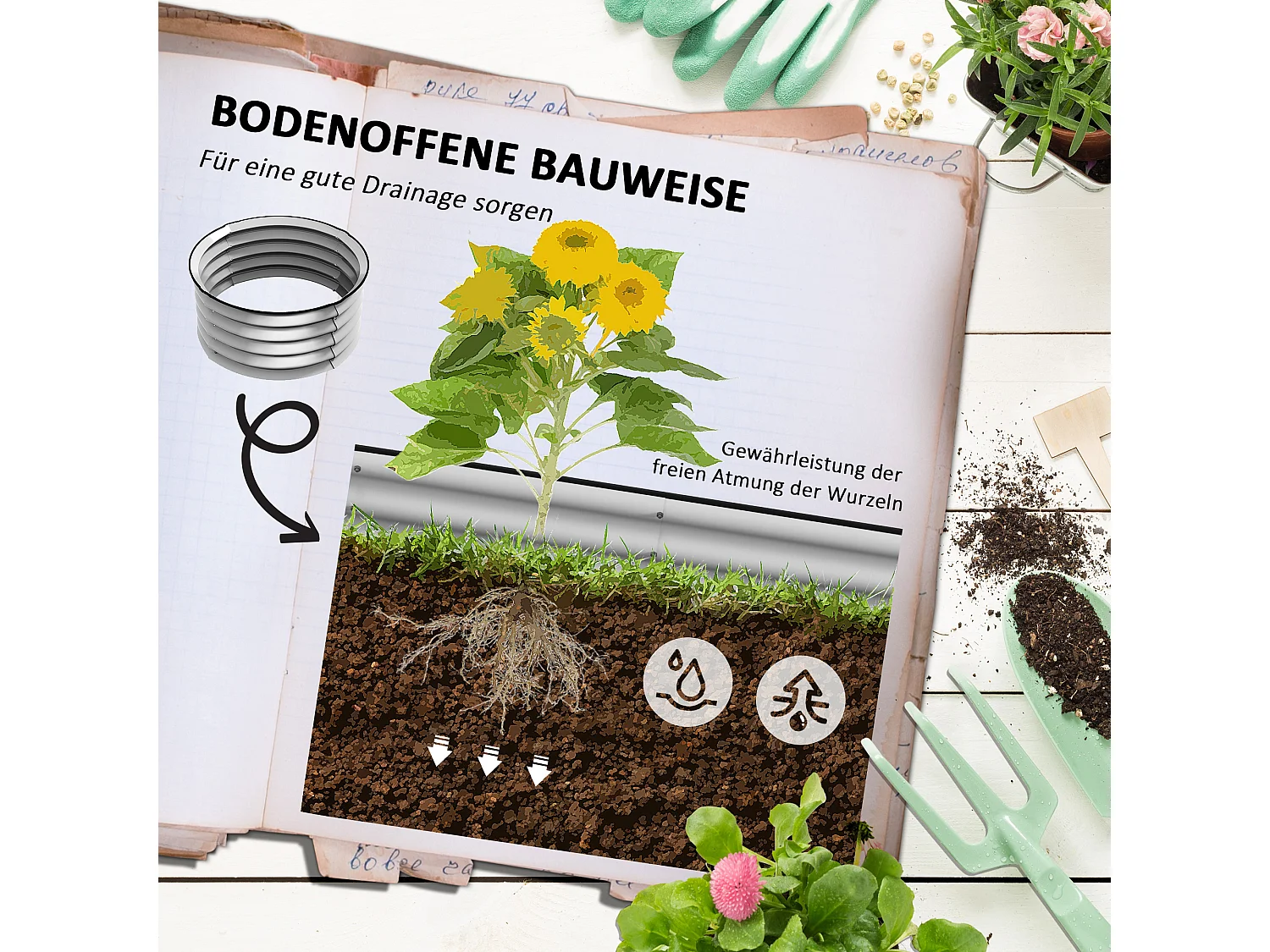 Kit de jardinière surélevée, métal, avec ouvertures pour drainage, gris (60x60x30 cm)