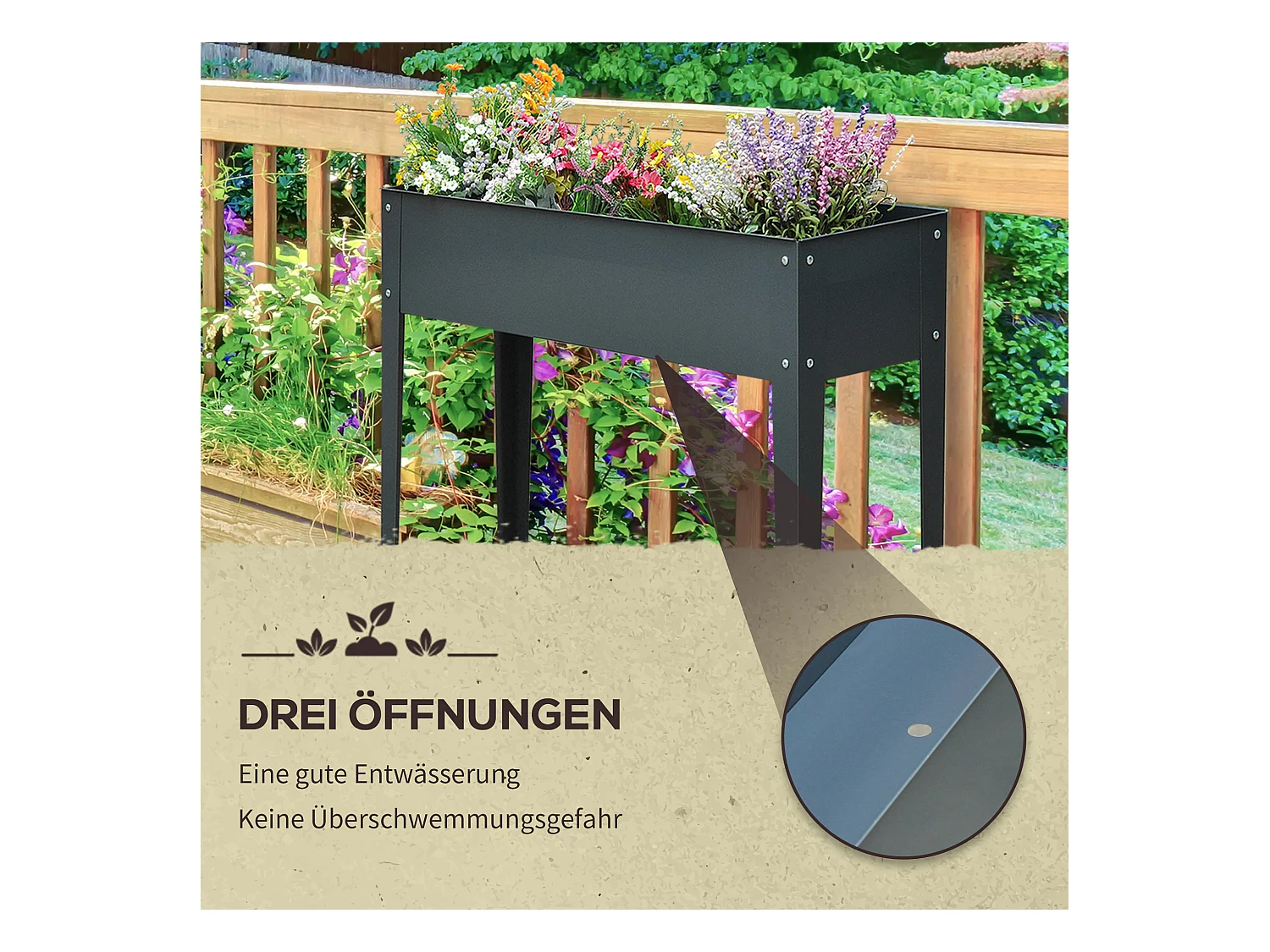 Carré potager surélevé avec pieds, drainage, métal, gris foncé (100x30x80cm)