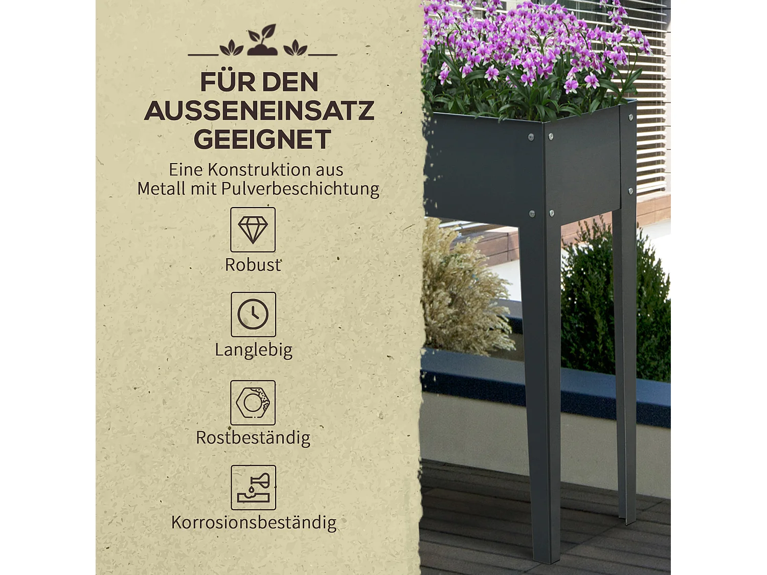 Carré potager surélevé avec pieds, drainage, métal, gris foncé (100x30x80cm)