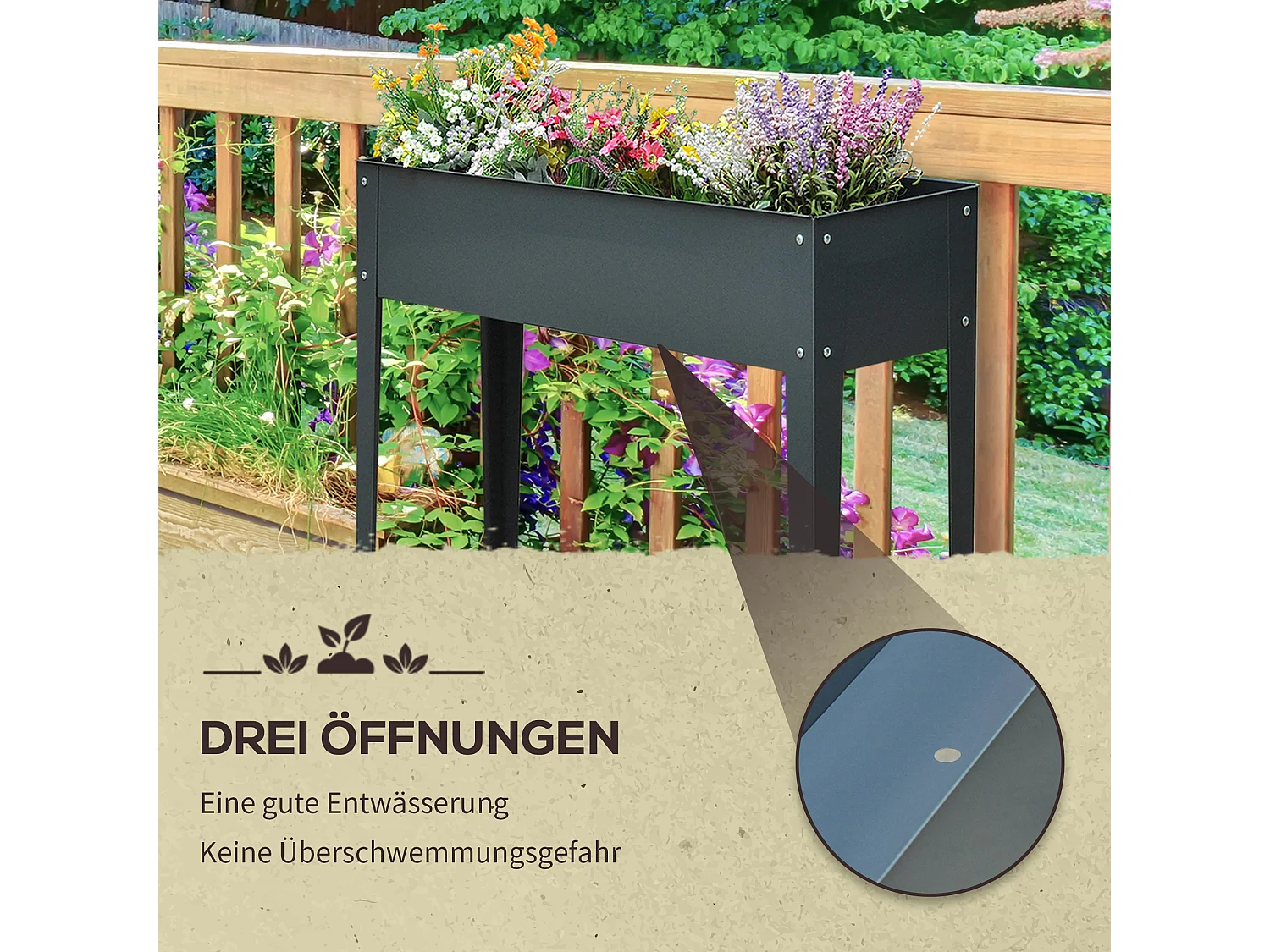 Carré potager surélevé avec pieds, drainage, métal, gris foncé (100x30x80cm)