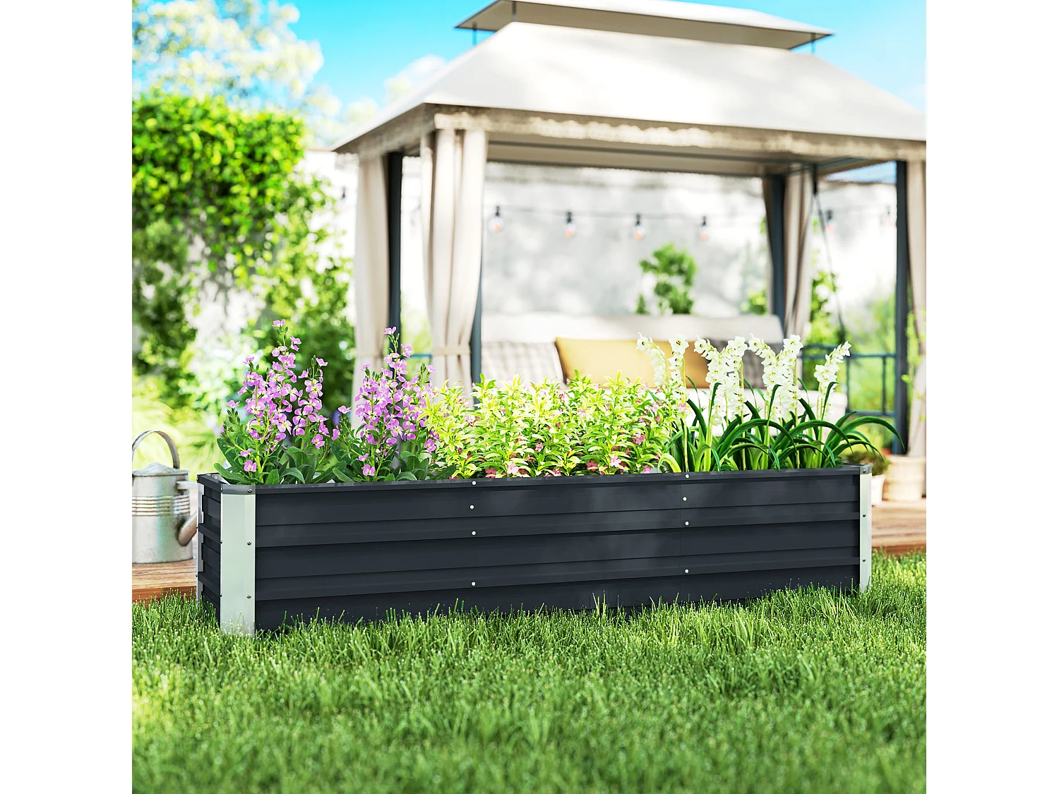 XXL stalen hochbeet, donkergrijs, voor groenten en bloemen (183x47x40 cm) met handschoenen