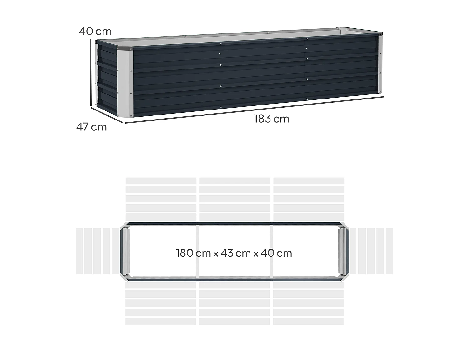 XXL stalen hochbeet, donkergrijs, voor groenten en bloemen (183x47x40 cm) met handschoenen