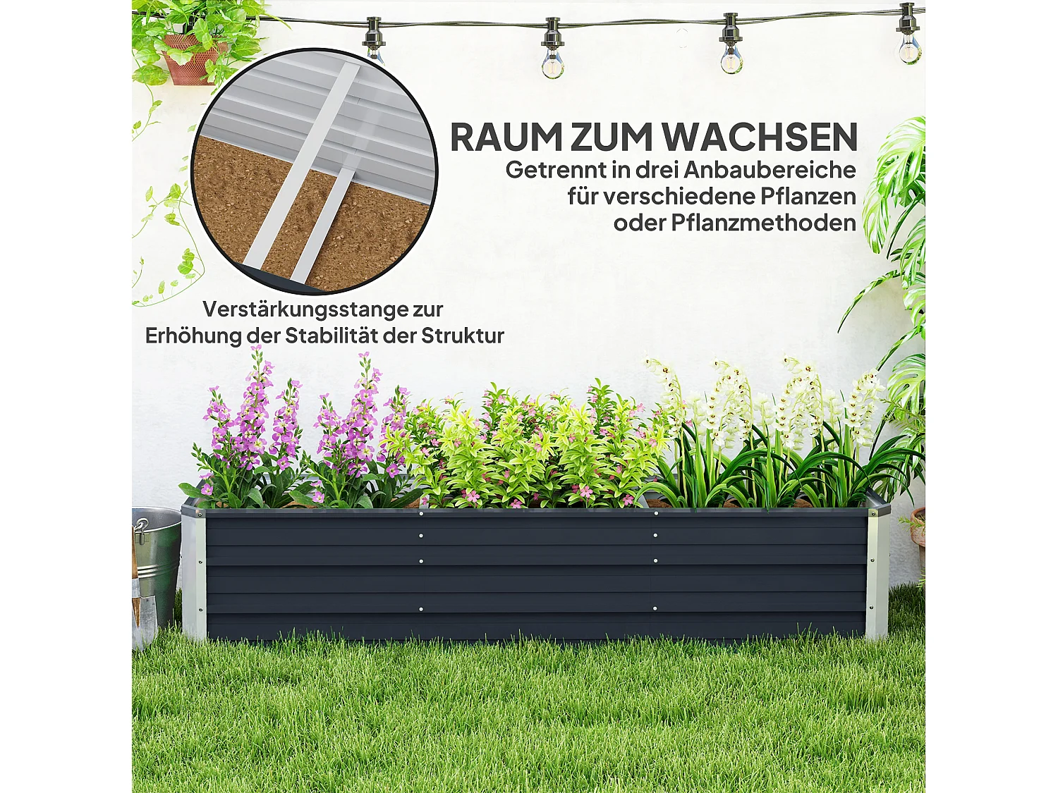 XXL stalen hochbeet, donkergrijs, voor groenten en bloemen (183x47x40 cm) met handschoenen