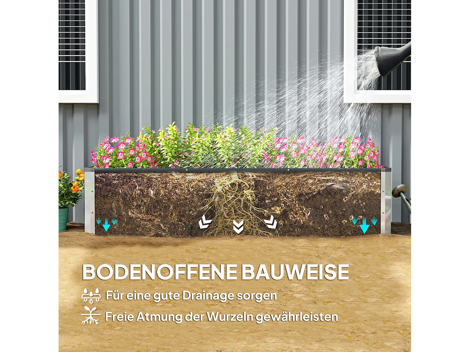 XXL stalen hochbeet, donkergrijs, voor groenten en bloemen (183x47x40 cm) met handschoenen