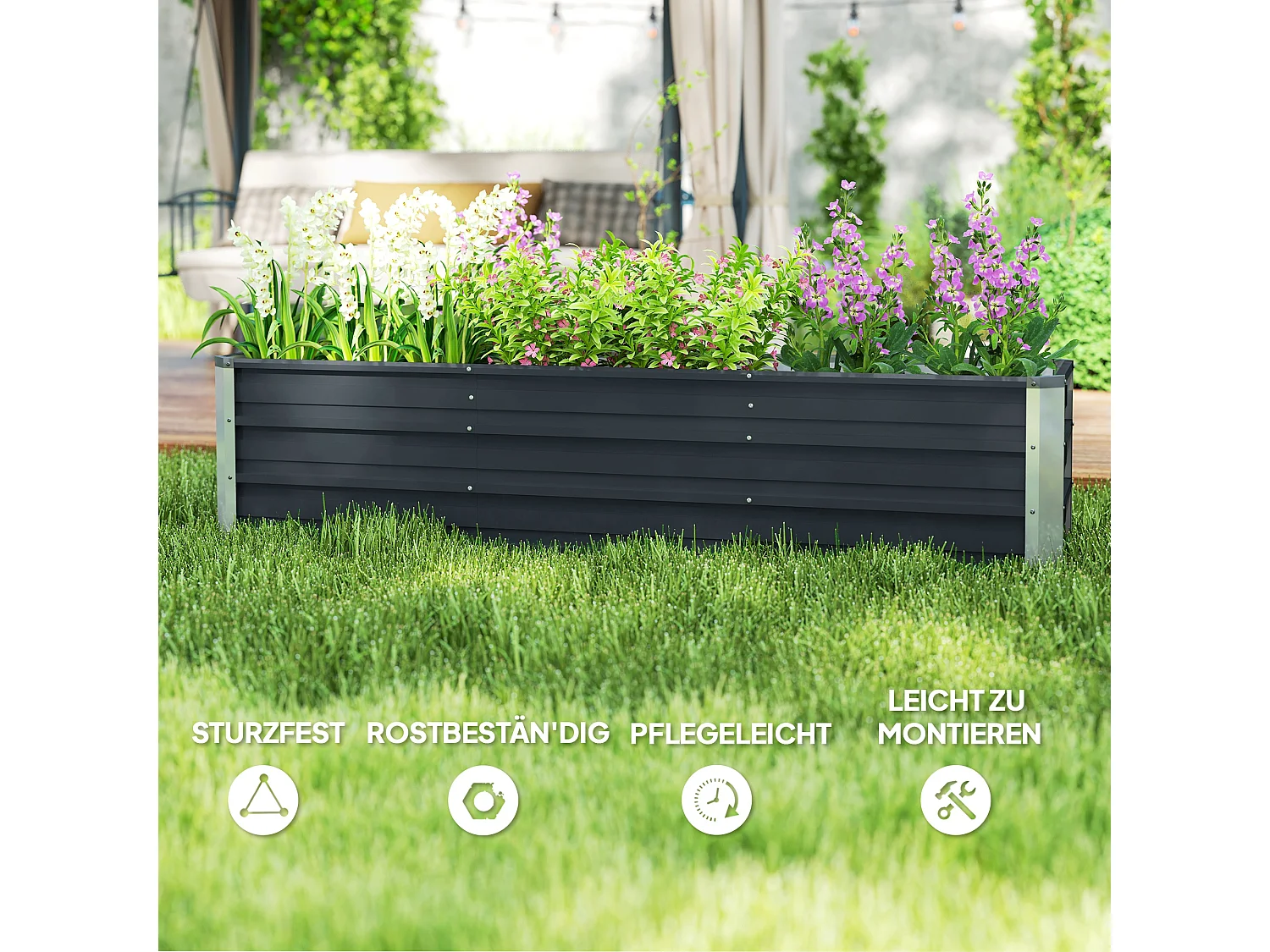 XXL stalen hochbeet, donkergrijs, voor groenten en bloemen (183x47x40 cm) met handschoenen