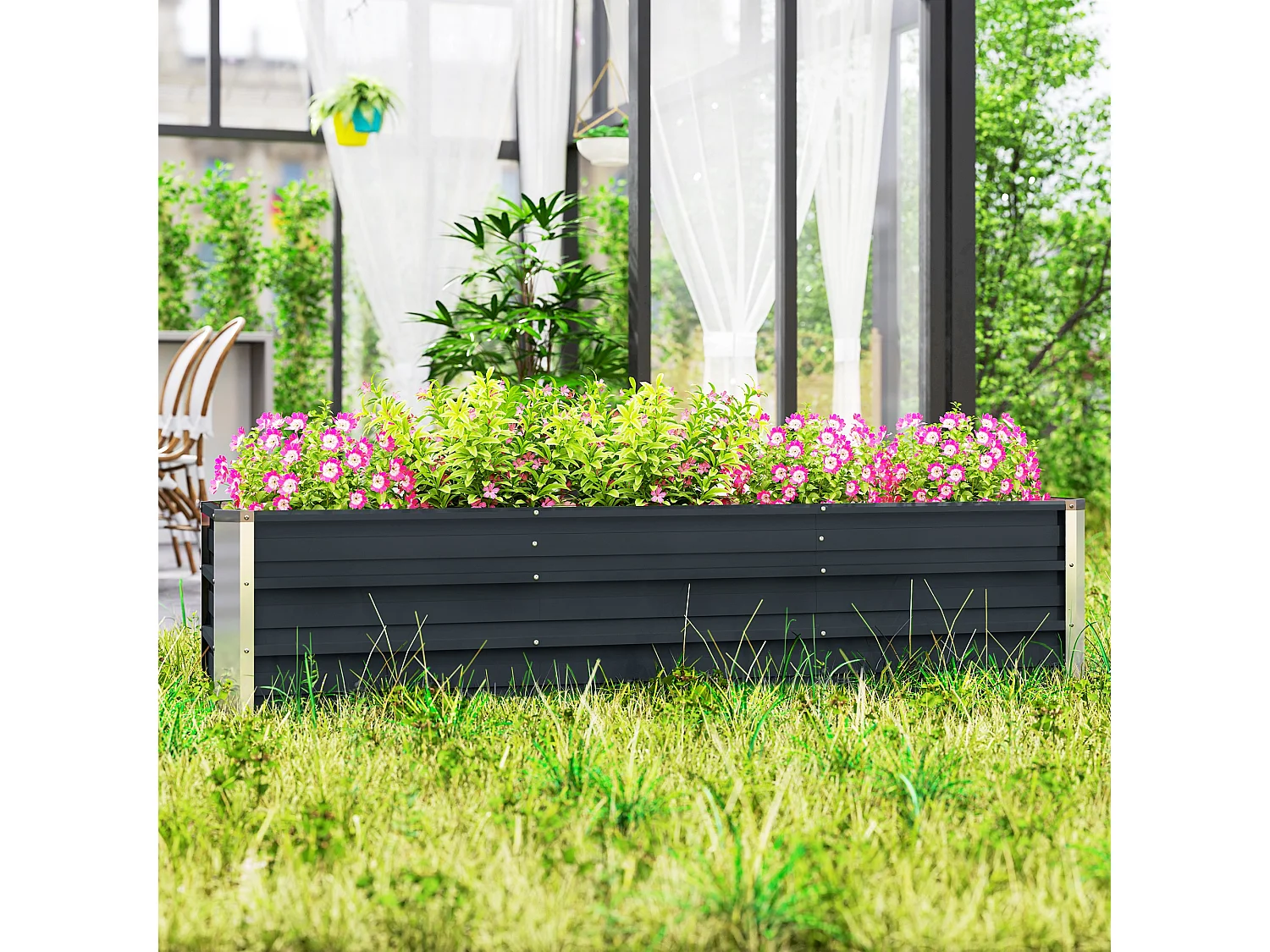 XXL stalen hochbeet, donkergrijs, voor groenten en bloemen (183x47x40 cm) met handschoenen