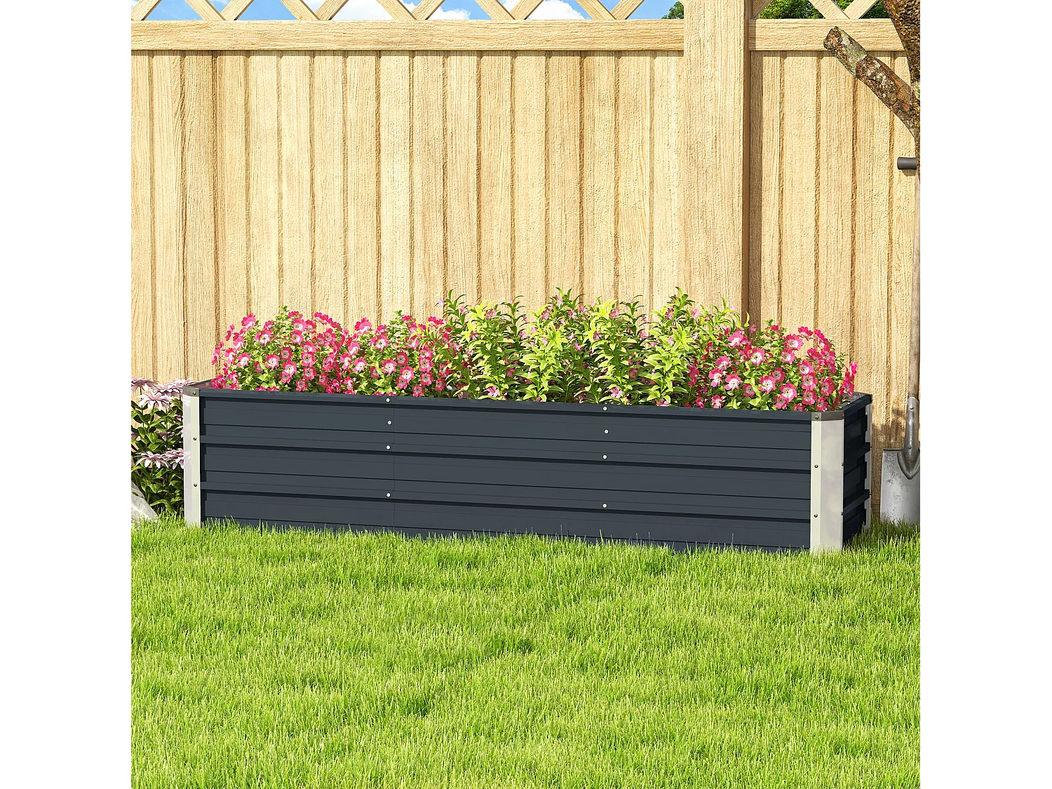 XXL stalen hochbeet, donkergrijs, voor groenten en bloemen (183x47x40 cm) met handschoenen