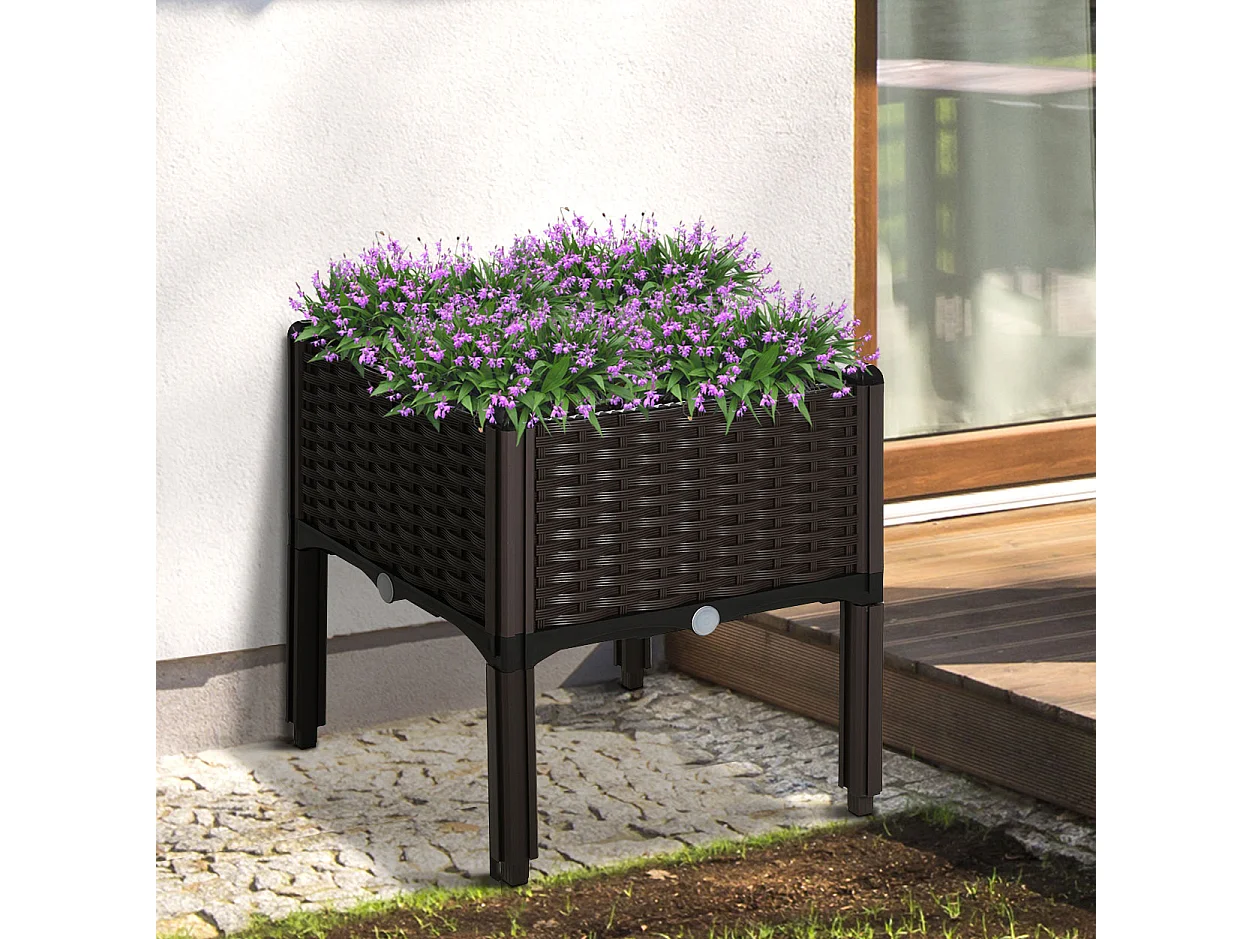 Bac à plantes surélevé, aspect rotin, plastique, brun, avec trous de drainage (40x40x44 cm)