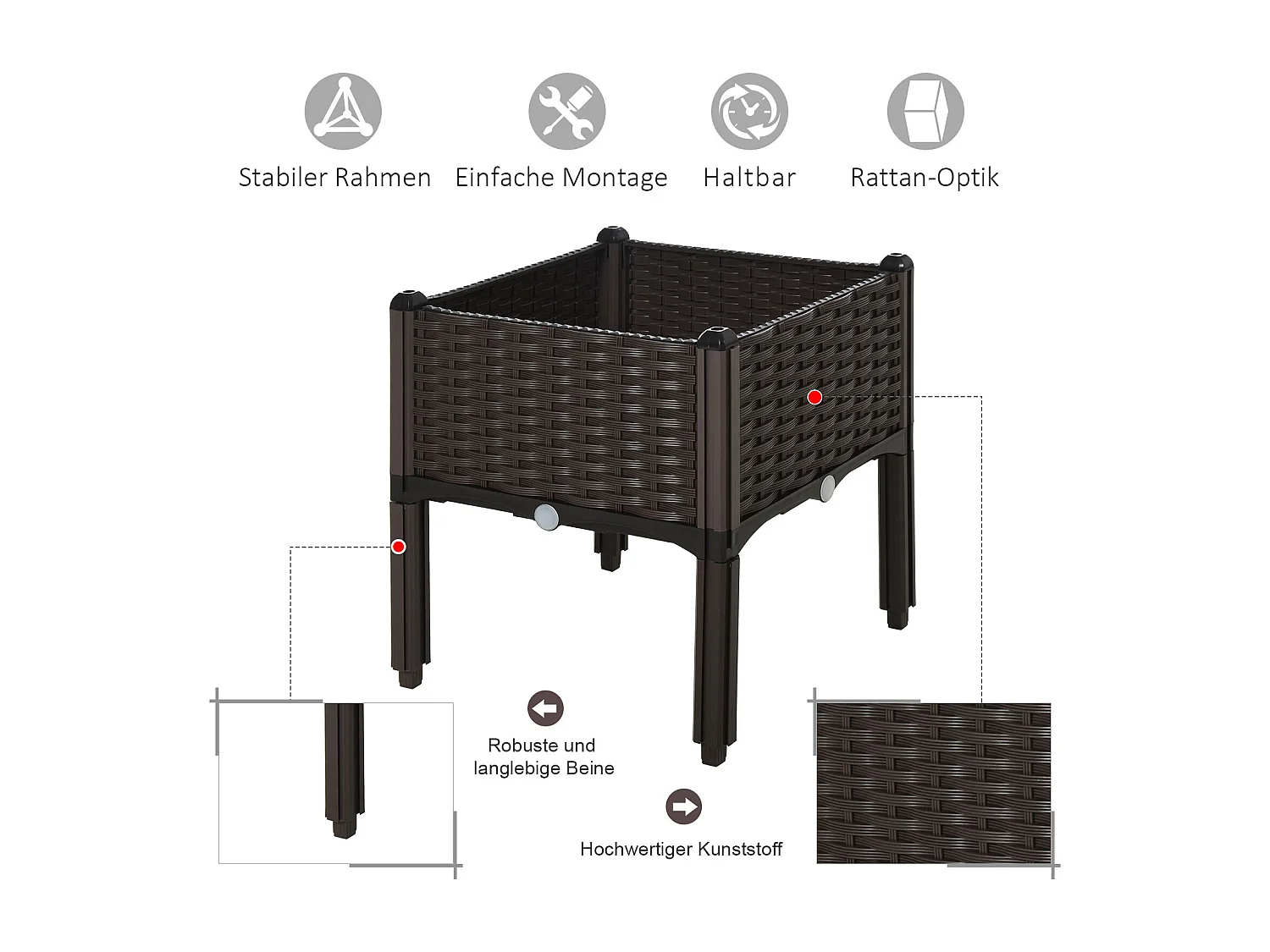 Bac à plantes surélevé, aspect rotin, plastique, brun, avec trous de drainage (40x40x44 cm)