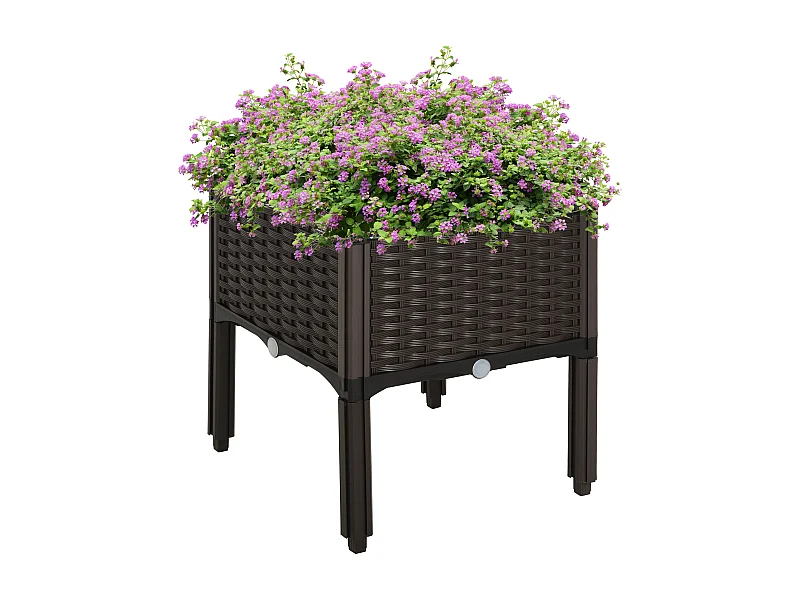 Bac à plantes surélevé, aspect rotin, plastique, brun, avec trous de drainage (40x40x44 cm)