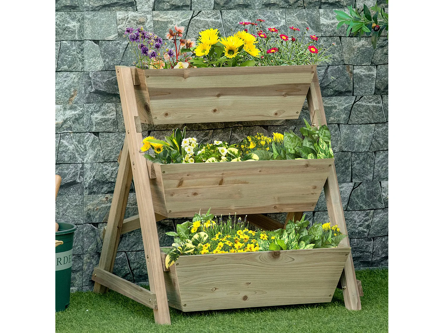 Houten verticale tuin met 3 planken, plantenbak op verschillende niveaus, natuurlijk (71x61x77 cm)