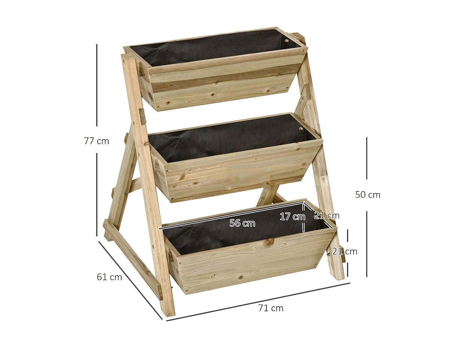 Houten verticale tuin met 3 planken, plantenbak op verschillende niveaus, natuurlijk (71x61x77 cm)