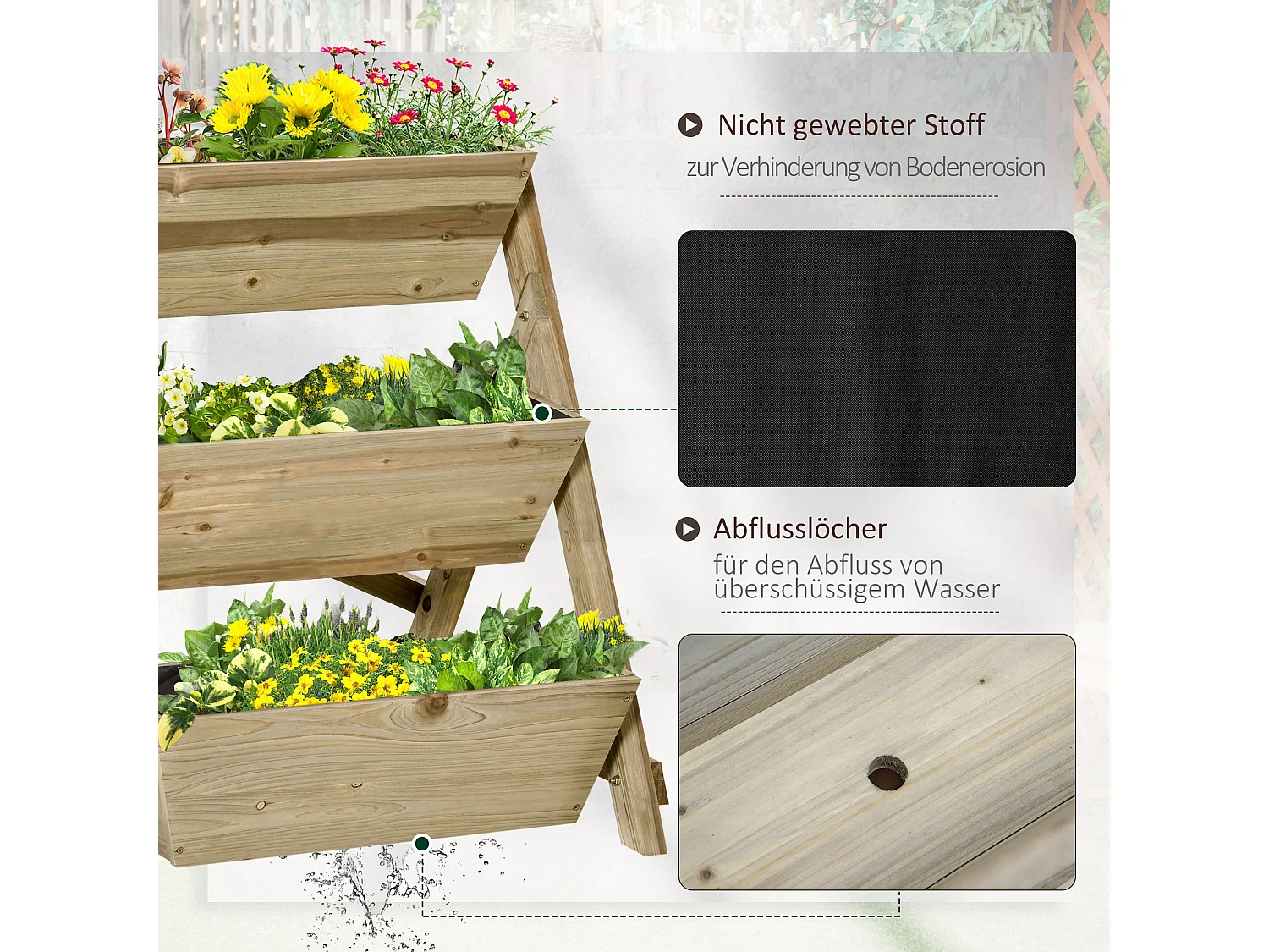 Houten verticale tuin met 3 planken, plantenbak op verschillende niveaus, natuurlijk (71x61x77 cm)