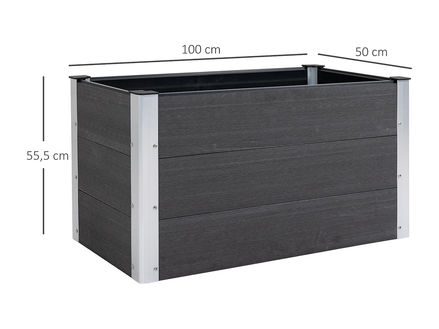 Verhoogde tuin zonder bodem, in WPC en aluminium, grijs (100x50x50 cm)