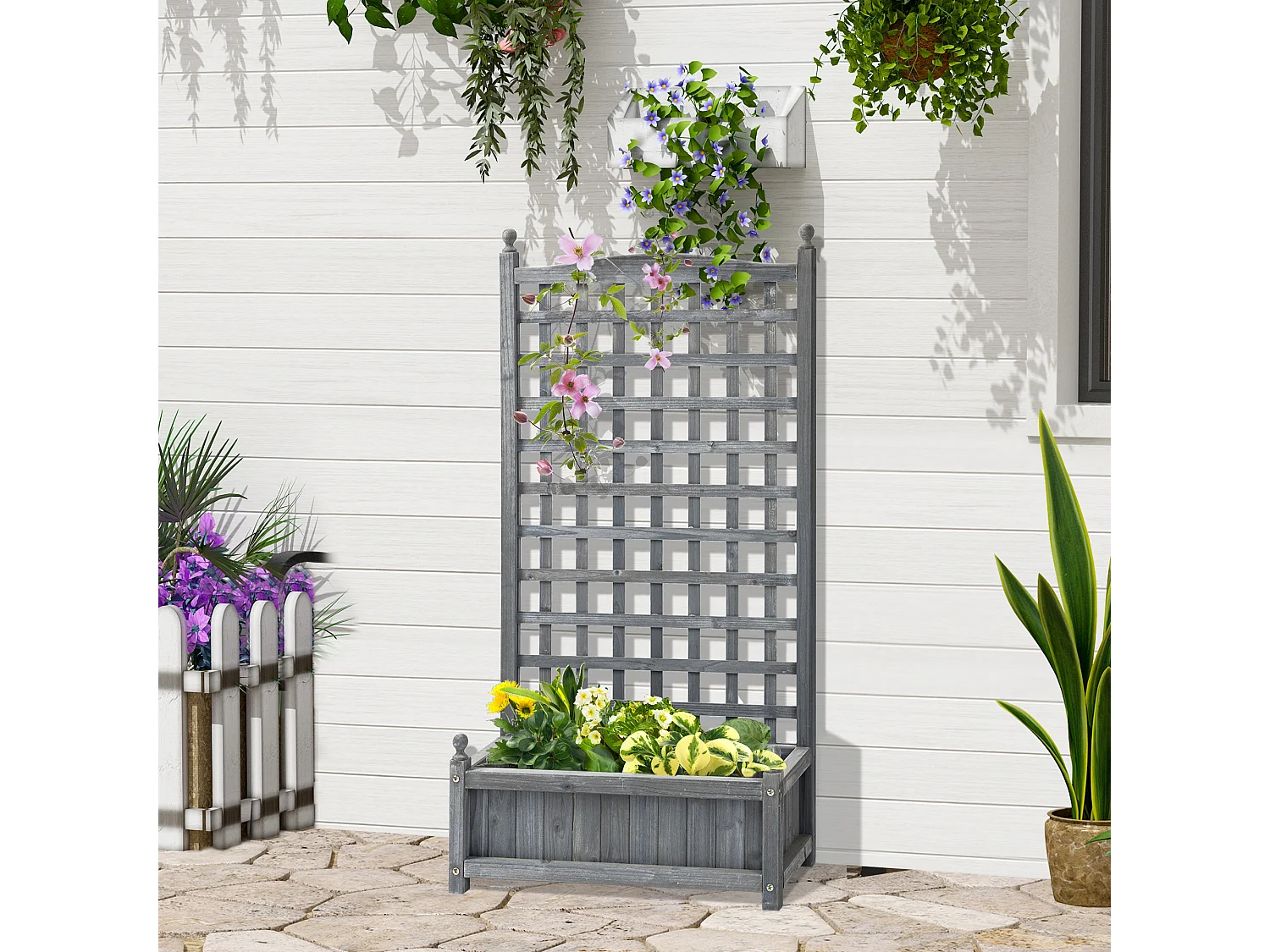 Pflanzkasten mit Rankgitter für Kletterpflanzen, Holz, hellgrau (64x28x120 cm)
