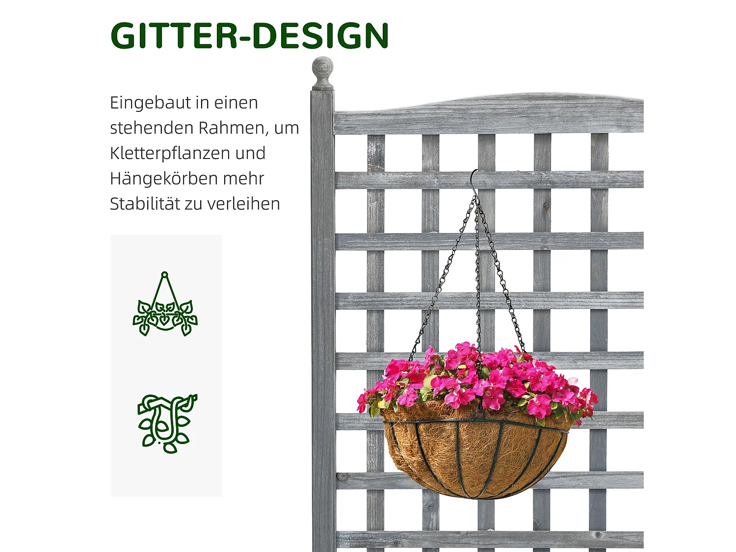 Pflanzkasten mit Rankgitter für Kletterpflanzen, Holz, hellgrau (64x28x120 cm)