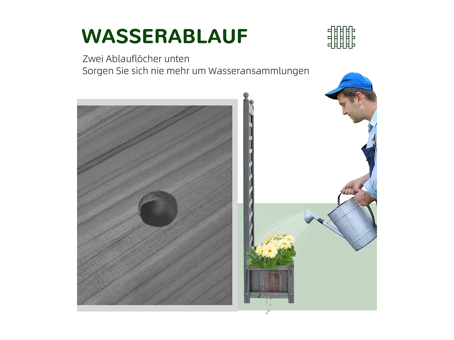 Pflanzkasten mit Rankgitter für Kletterpflanzen, Holz, hellgrau (64x28x120 cm)