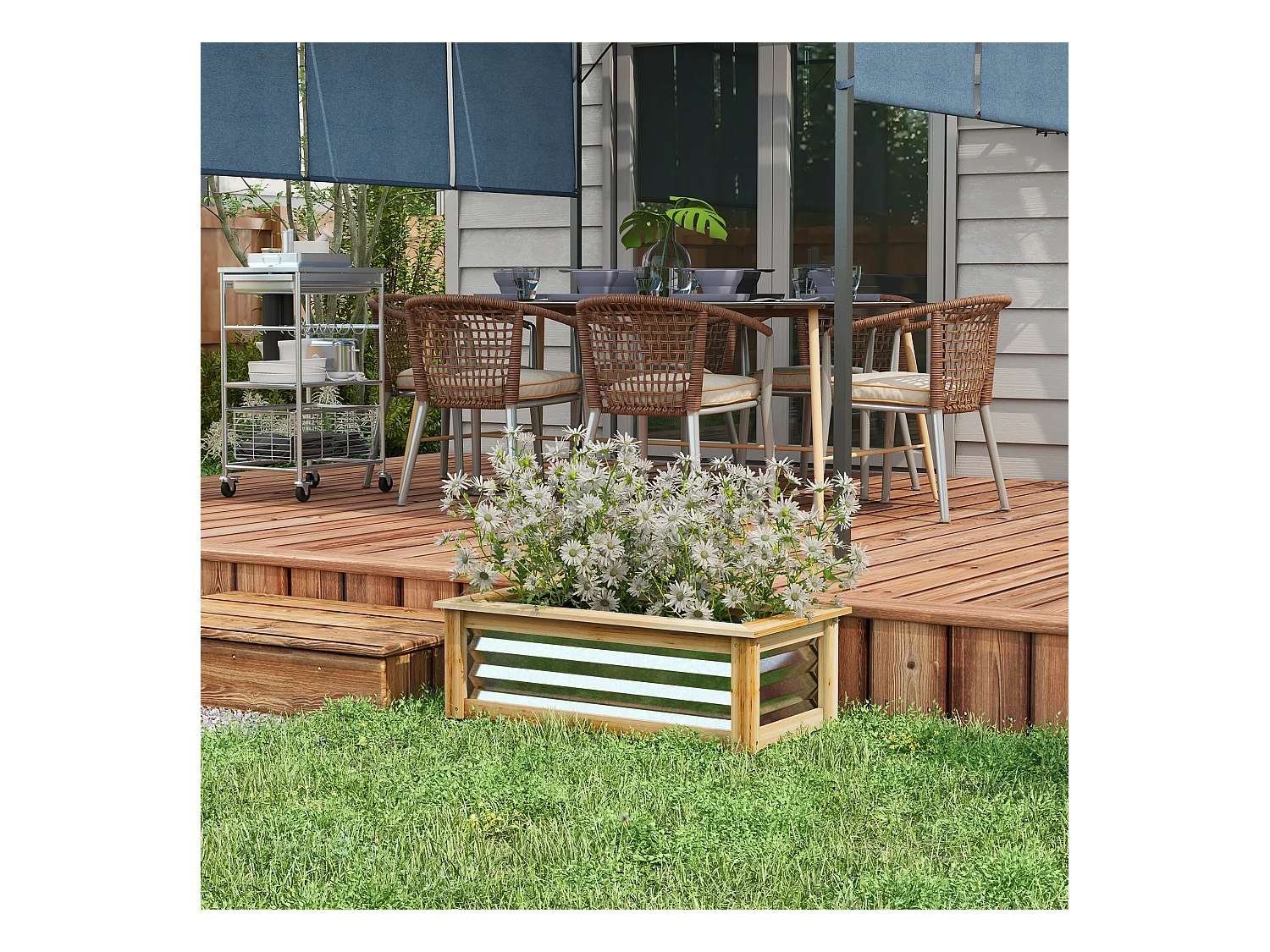 Bac à fleurs surélevé avec cadre bois et métal, robuste et résistant aux intempéries, naturel (90x45x30cm)
