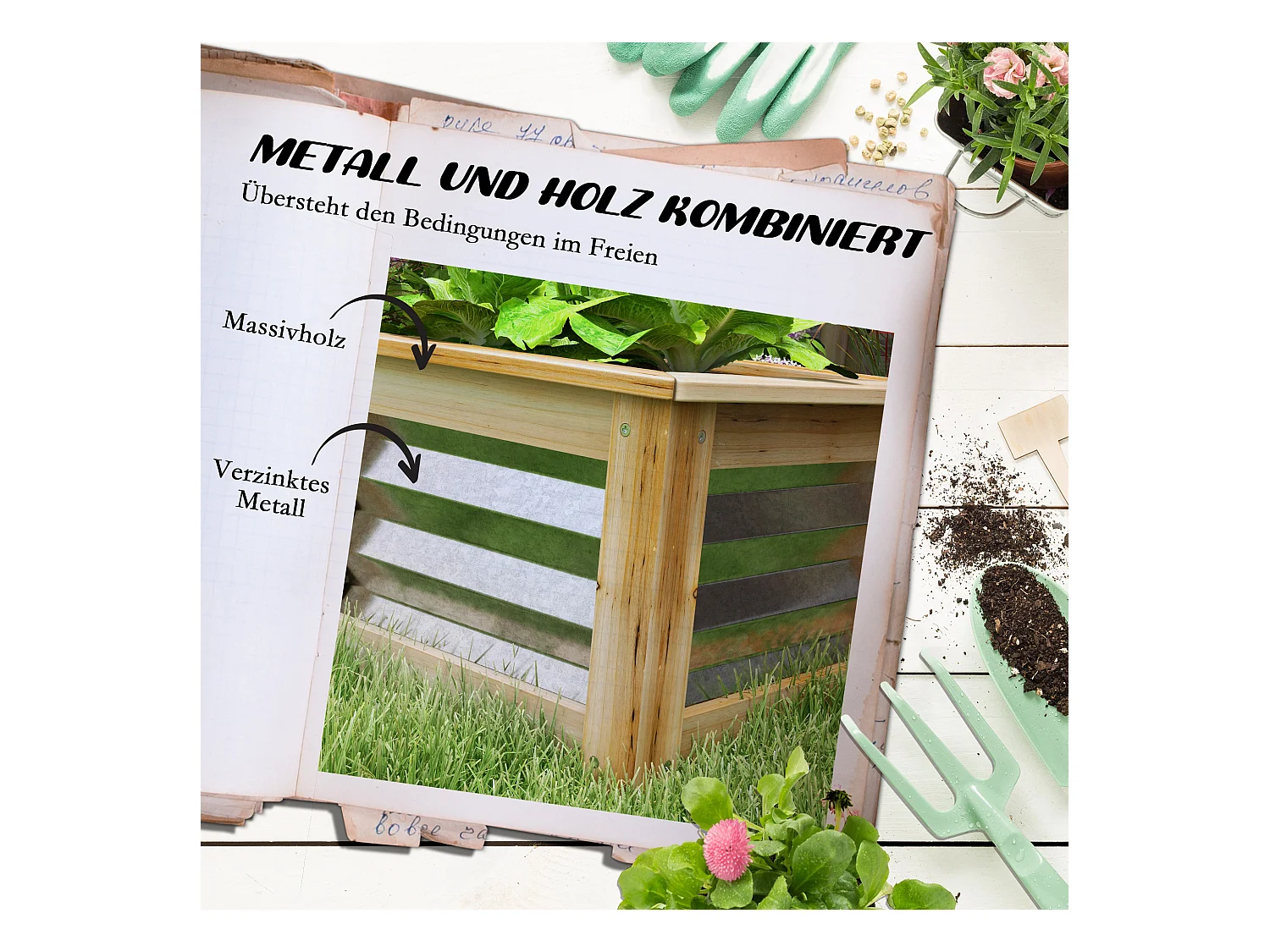 Bac à fleurs surélevé avec cadre bois et métal, robuste et résistant aux intempéries, naturel (90x45x30cm)