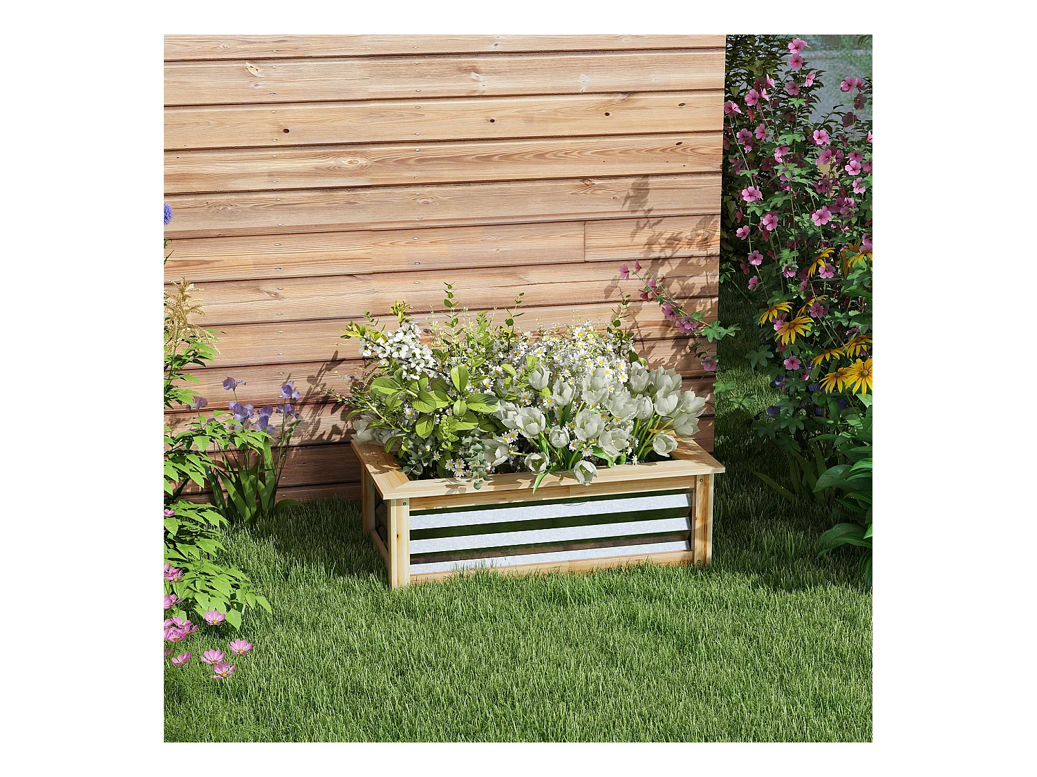 Bac à fleurs surélevé avec cadre bois et métal, robuste et résistant aux intempéries, naturel (90x45x30cm)