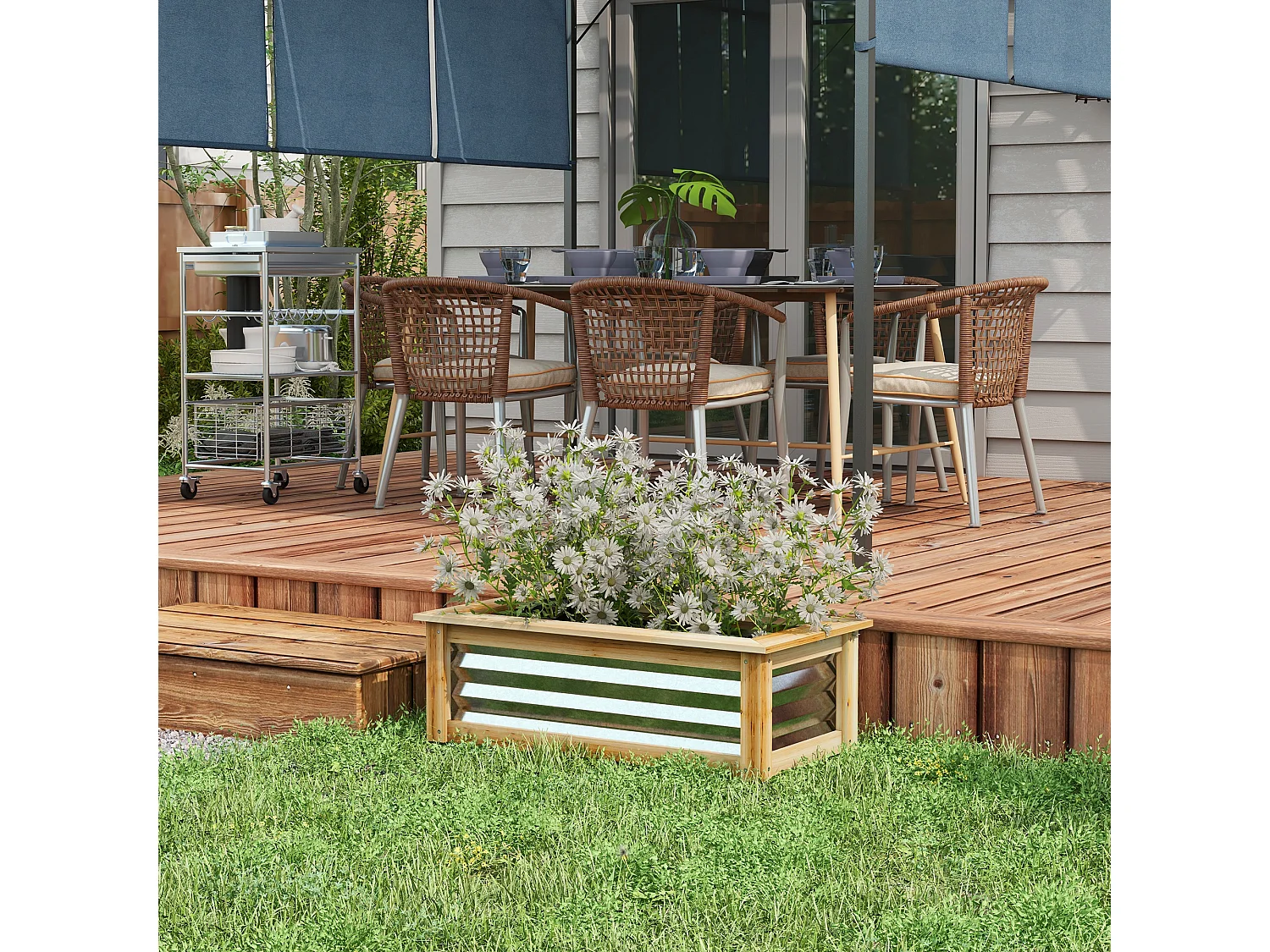 Bac à fleurs surélevé avec cadre bois et métal, robuste et résistant aux intempéries, naturel (90x45x30cm)