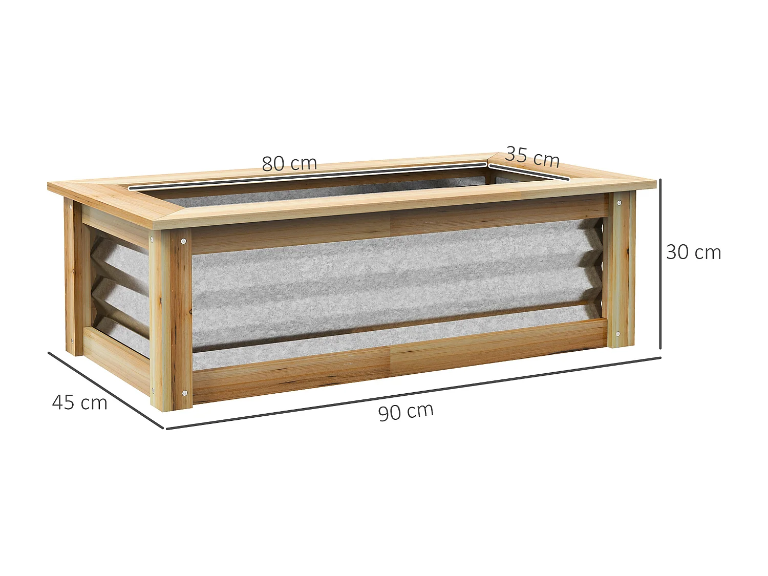 Bac à fleurs surélevé avec cadre bois et métal, robuste et résistant aux intempéries, naturel (90x45x30cm)