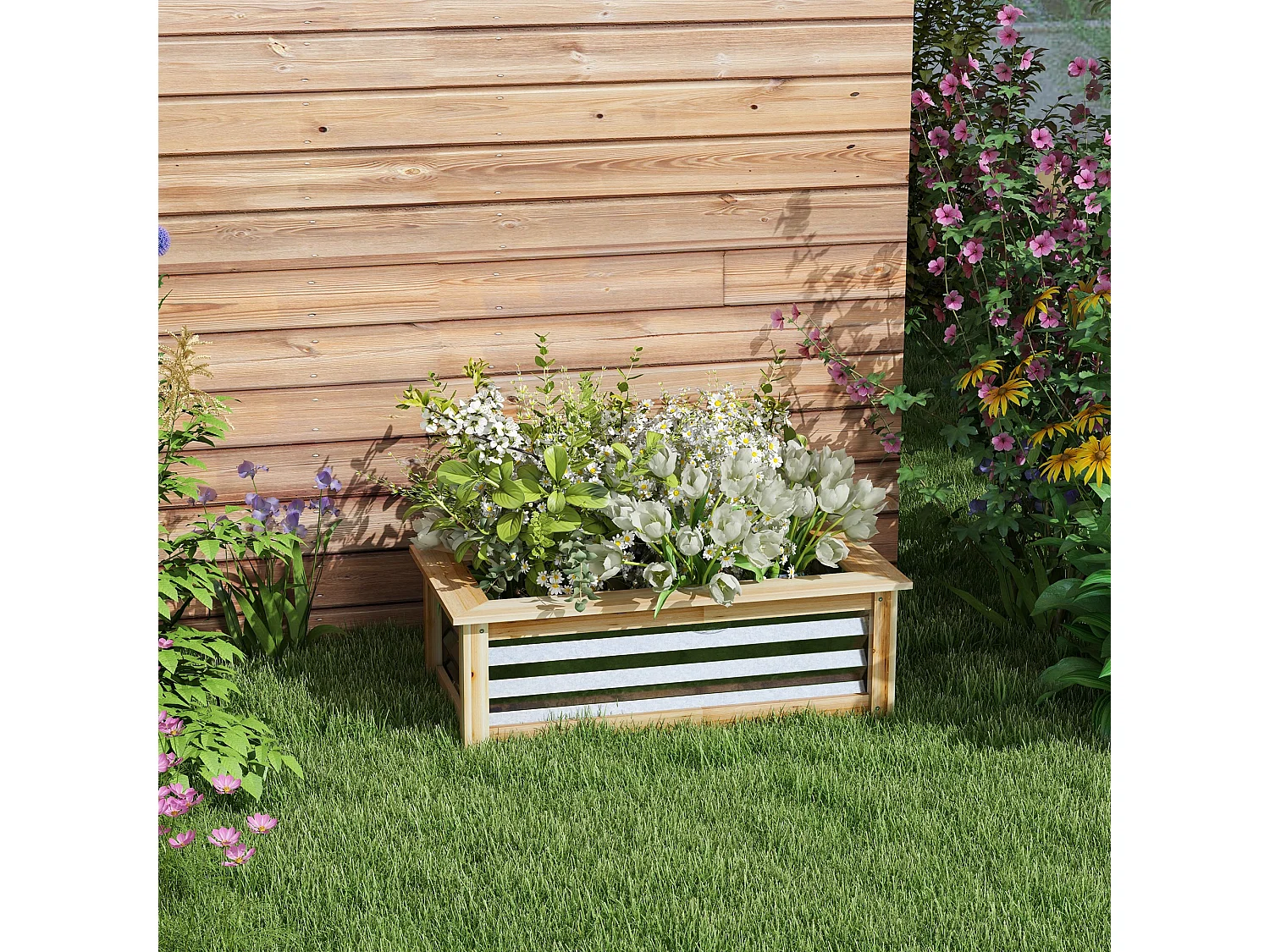 Bac à fleurs surélevé avec cadre bois et métal, robuste et résistant aux intempéries, naturel (90x45x30cm)