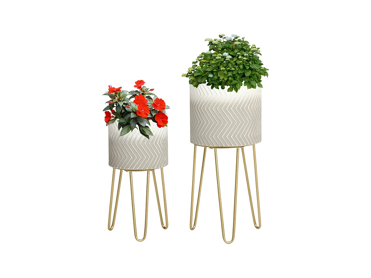 Set de 2 pots de fleurs avec support, en métal, design moderne, blanc (30x30x67 cm/25x25x52 cm)