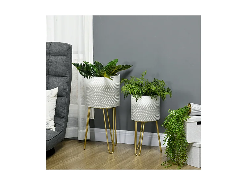 Set de 2 pots de fleurs avec support, en métal, design moderne, blanc (30x30x67 cm/25x25x52 cm)