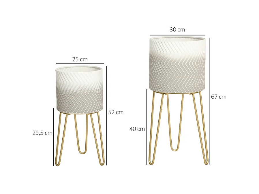Set de 2 pots de fleurs avec support, en métal, design moderne, blanc (30x30x67 cm/25x25x52 cm)