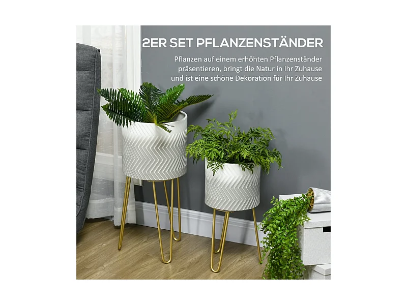 Set de 2 pots de fleurs avec support, en métal, design moderne, blanc (30x30x67 cm/25x25x52 cm)
