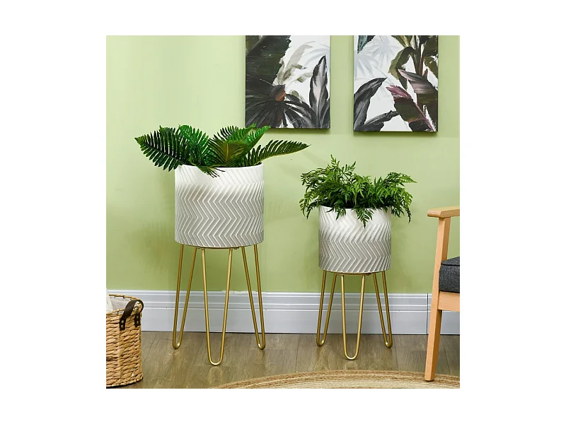 Set de 2 pots de fleurs avec support, en métal, design moderne, blanc (30x30x67 cm/25x25x52 cm)