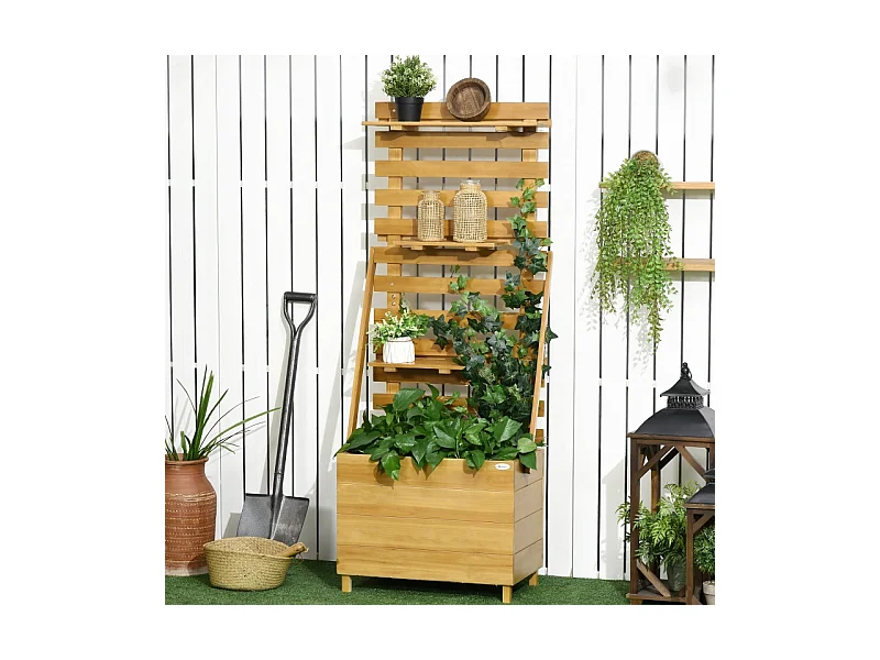 Tuintafel met trellis en 3 planken, van hout, voor klimplanten, bruin (63x39x160 cm)
