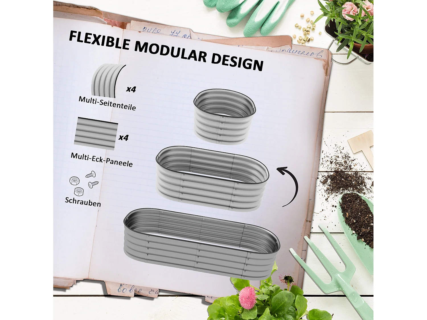 Metalen groentebak, modulair ontwerp, zilvergrijs (150x62x30cm)