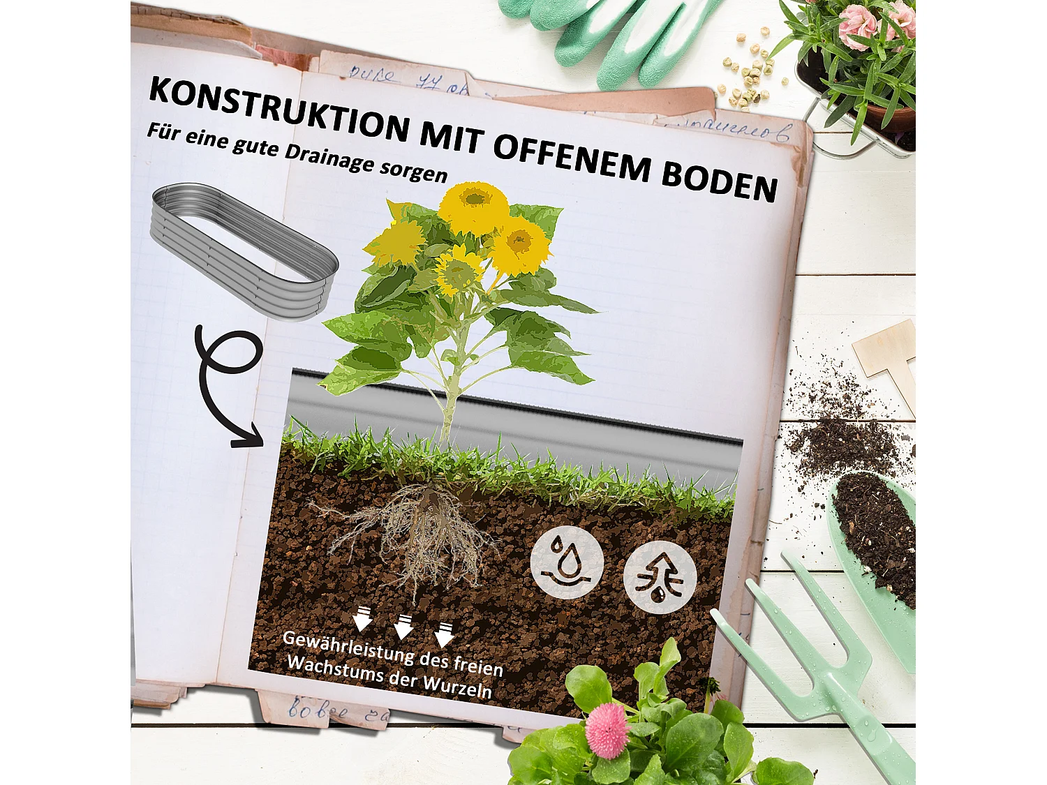 Metalen groentebak, modulair ontwerp, zilvergrijs (150x62x30cm)