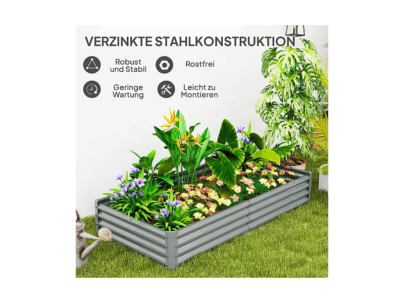 Jardinière surélevée en acier, résistante aux intempéries, avec bord anti-coupure, argenté (180x90x30cm)