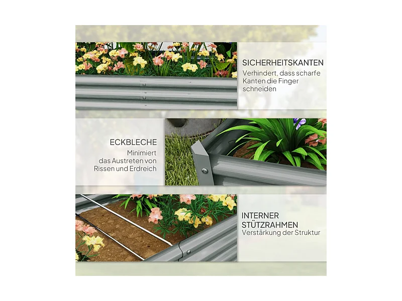 Jardinière surélevée en acier, résistante aux intempéries, avec bord anti-coupure, argenté (180x90x30cm)