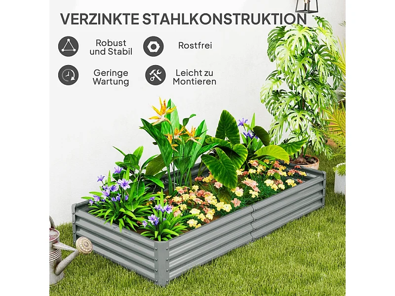 Jardinière surélevée en acier, résistante aux intempéries, avec bord anti-coupure, argenté (180x90x30cm)