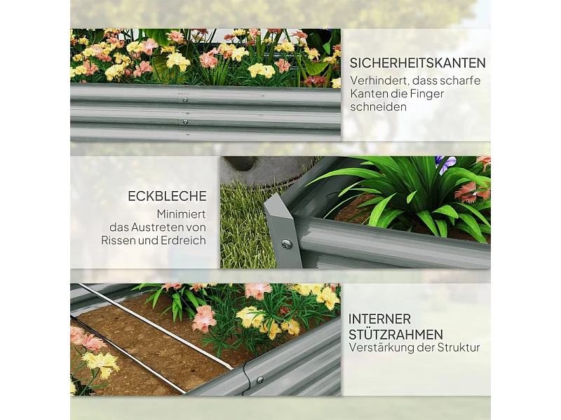 Jardinière surélevée en acier, résistante aux intempéries, avec bord anti-coupure, argenté (180x90x30cm)