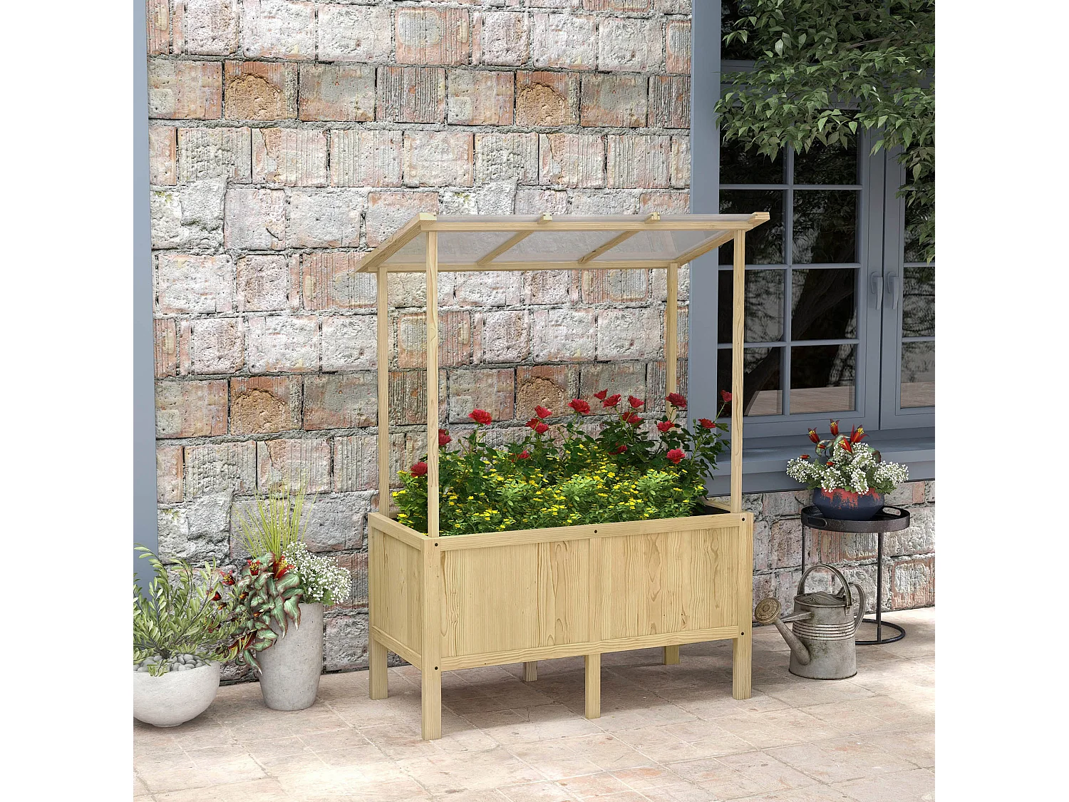 Houten moestuin met kas en canvas, naturel (110x60x152cm)