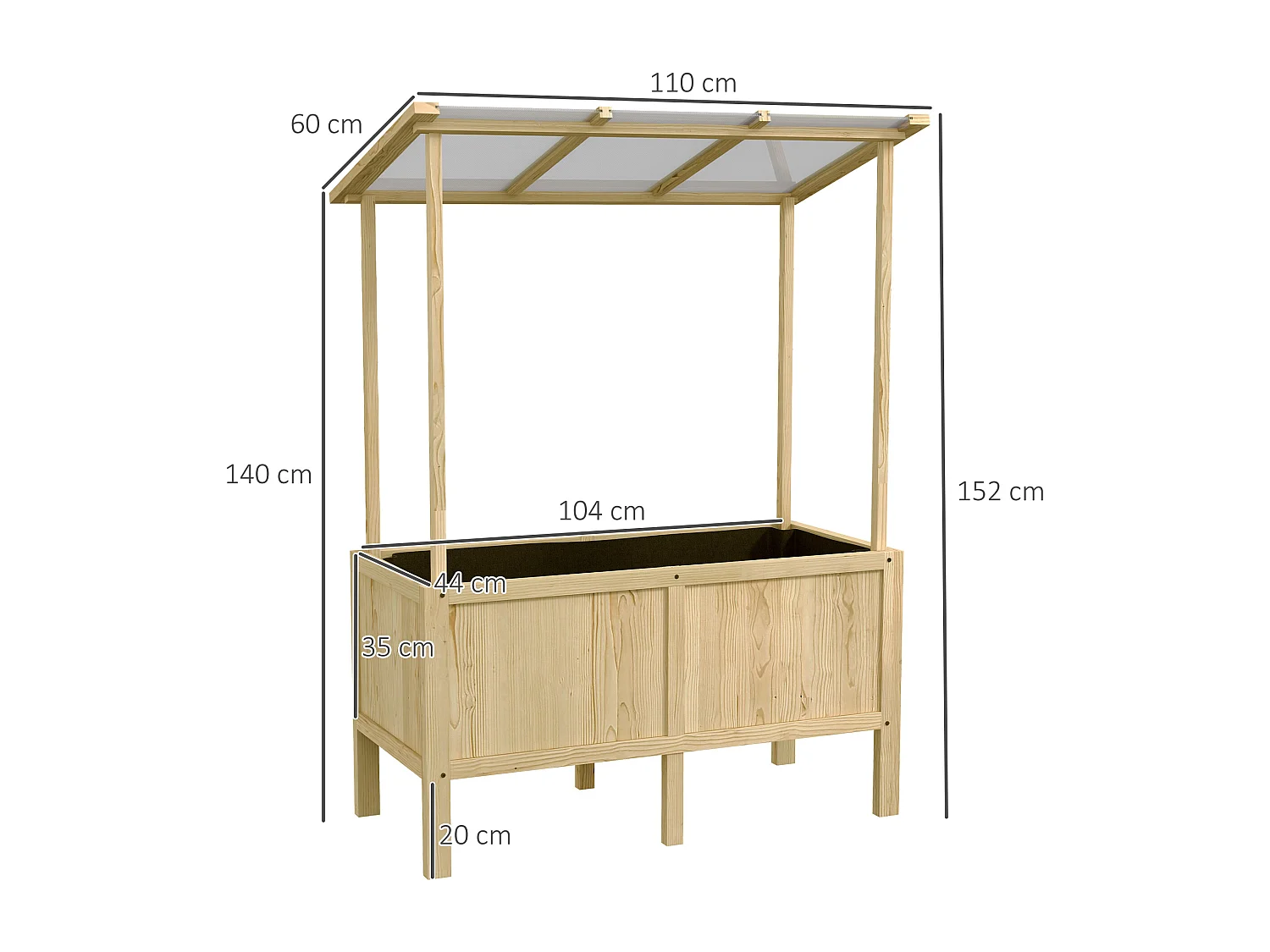 Houten moestuin met kas en canvas, naturel (110x60x152cm)