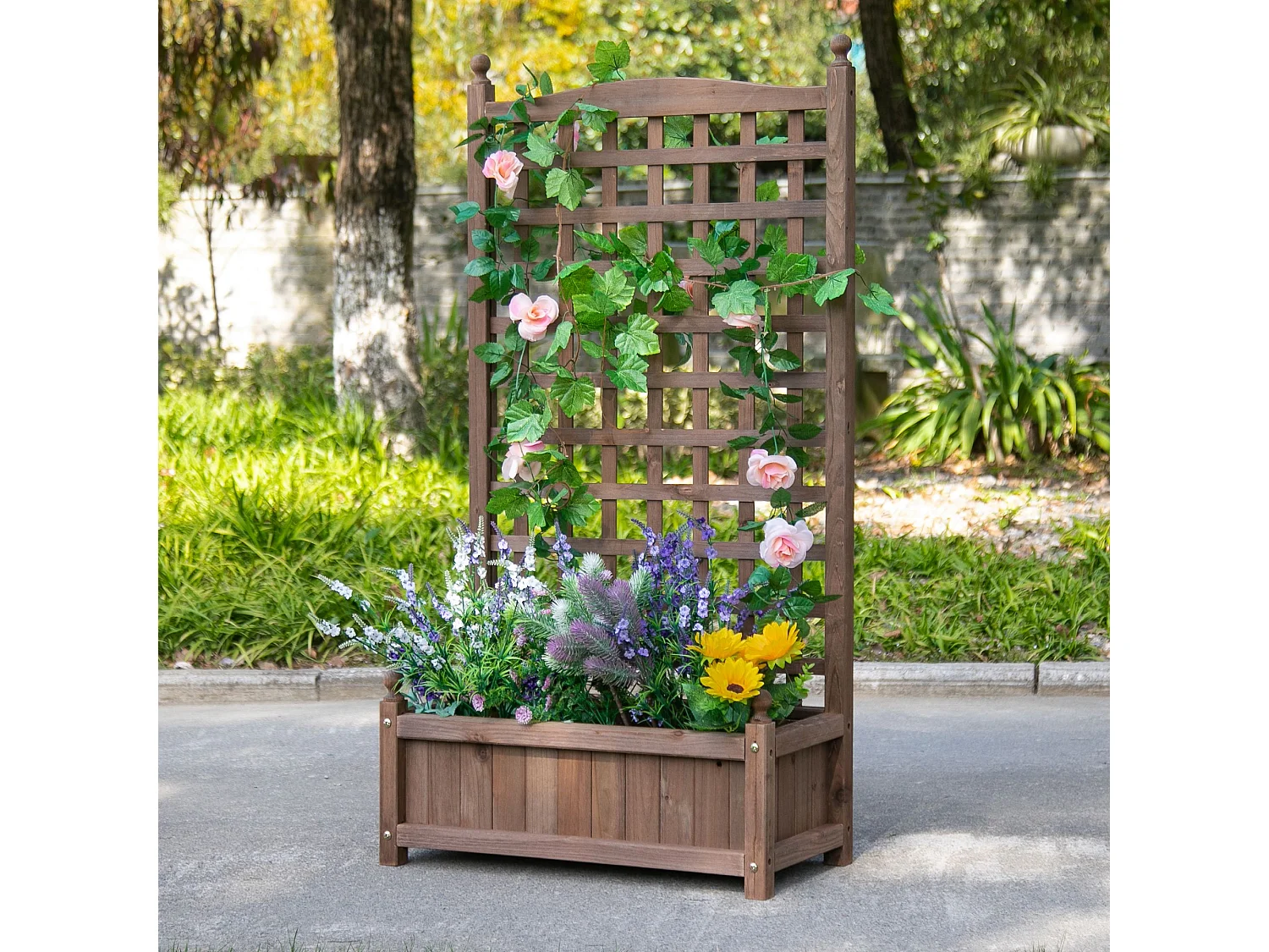 Bloembak met klimplantenrek van hout, donkere kleur (64x28x120 cm)