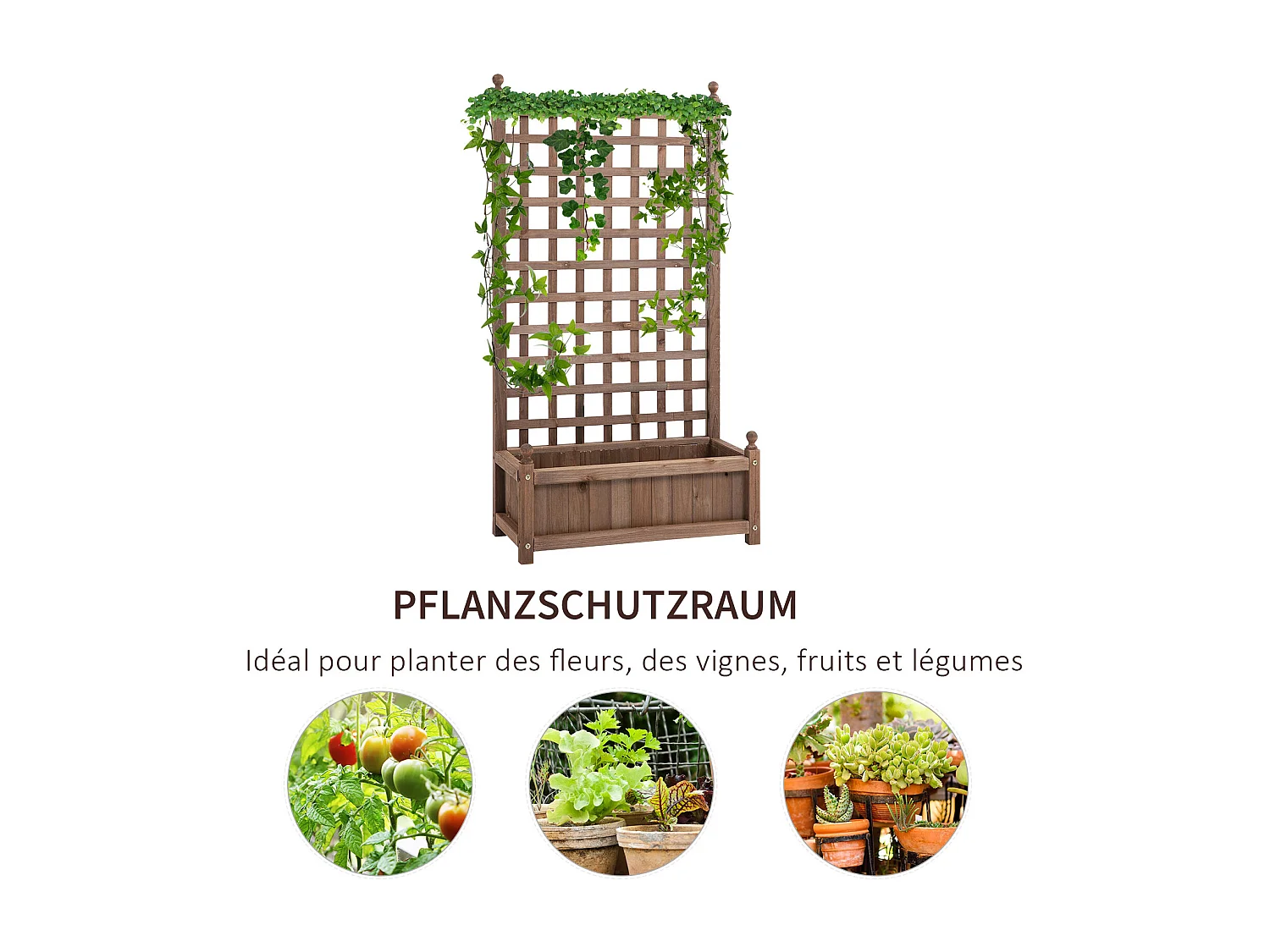 Bloembak met klimplantenrek van hout, donkere kleur (64x28x120 cm)