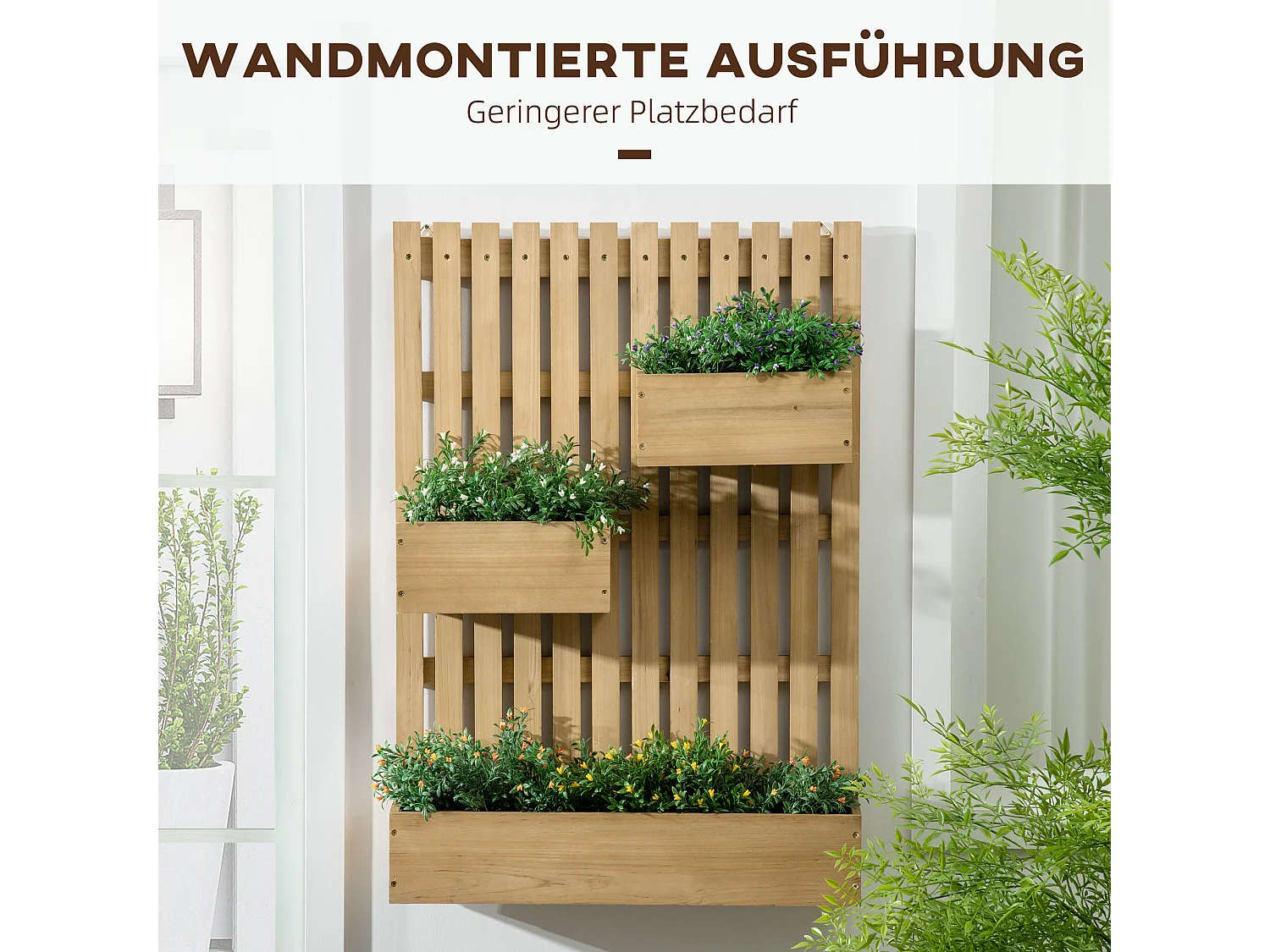 Pflanzkübel mit Spalier, mobiles Hochbeet aus Massivholz, 60x16x80 cm, natur