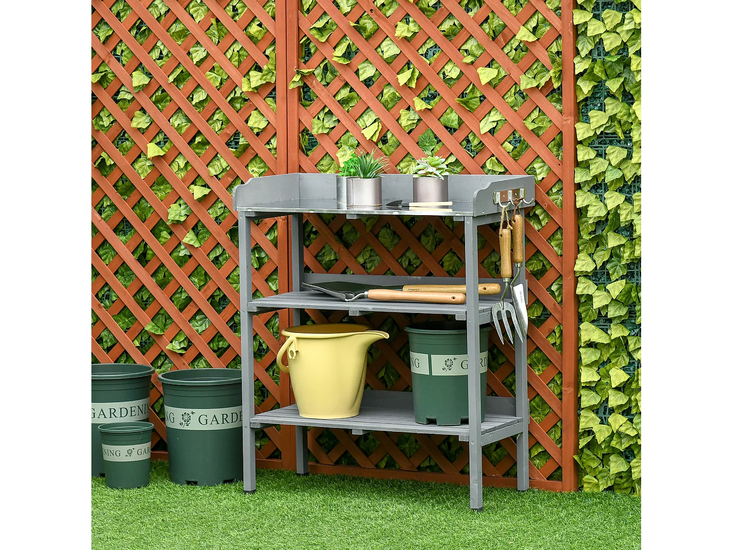 Mesa de jardín para plantas con superficie de metal y estructura de madera, gris (76x37x89 cm)