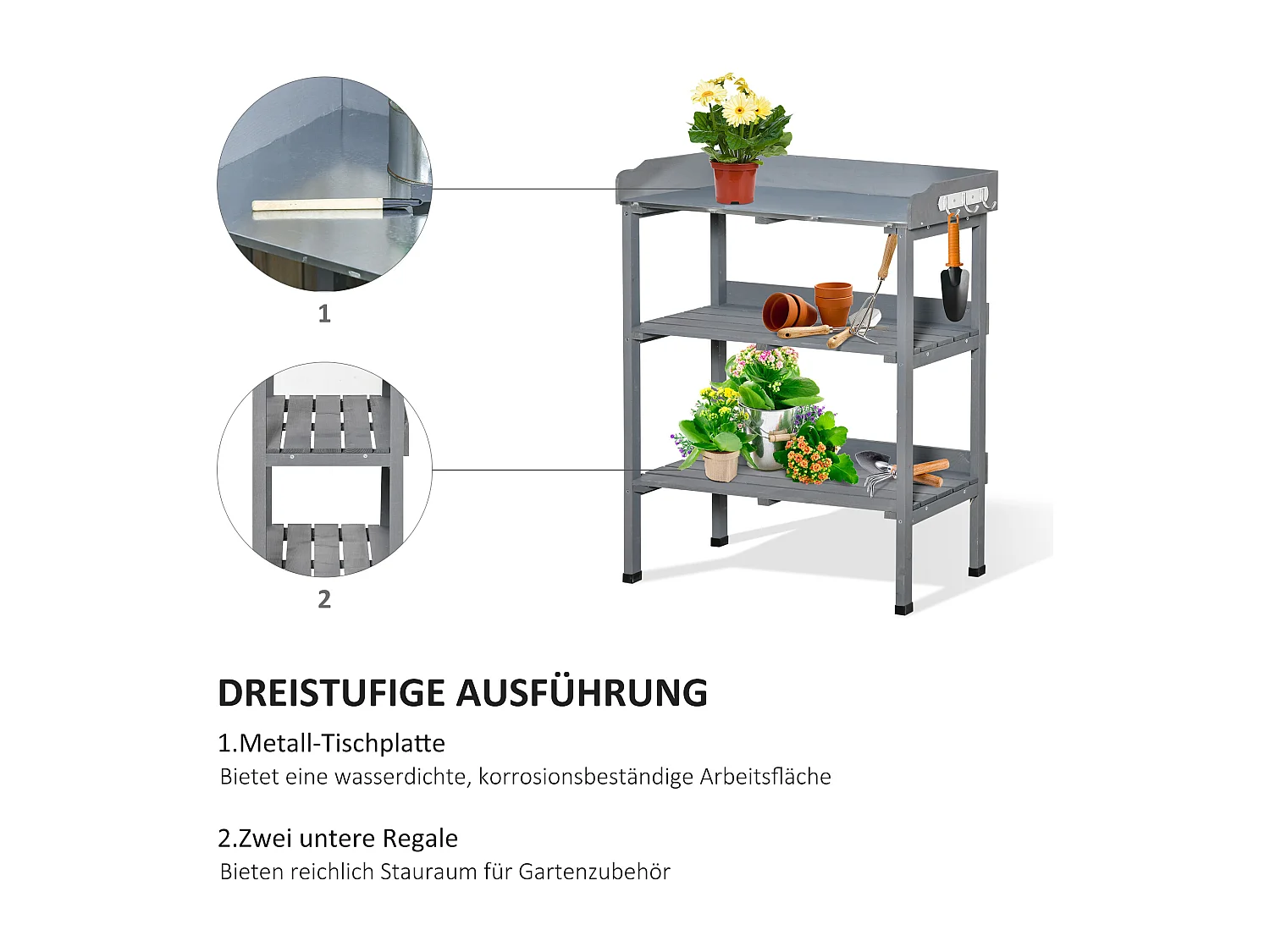 Mesa de jardín para plantas con superficie de metal y estructura de madera, gris (76x37x89 cm)