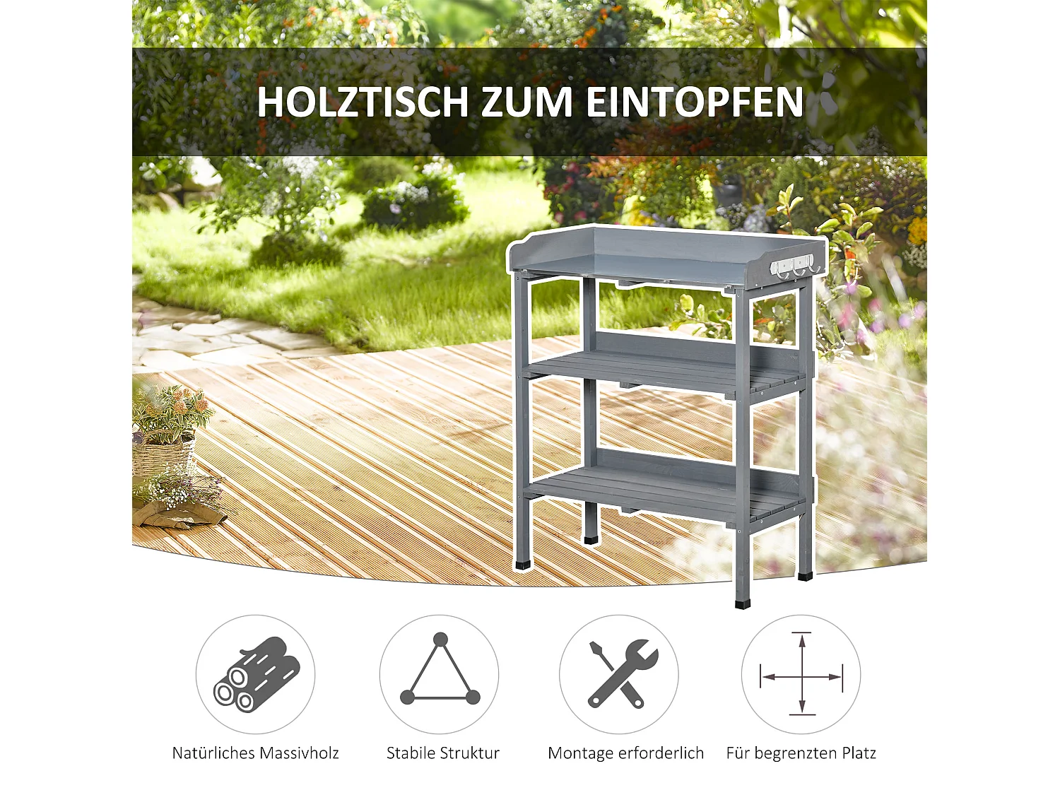 Mesa de jardín para plantas con superficie de metal y estructura de madera, gris (76x37x89 cm)