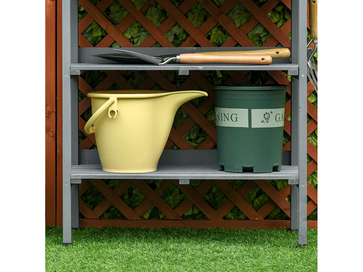 Mesa de jardín para plantas con superficie de metal y estructura de madera, gris (76x37x89 cm)